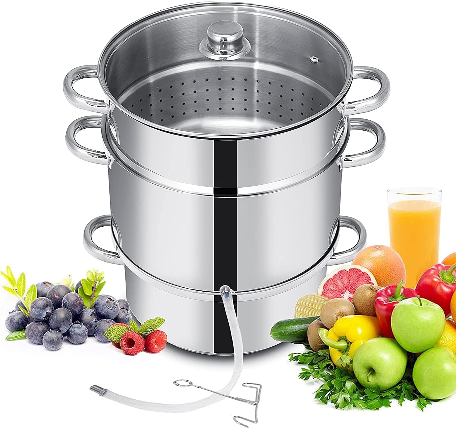 Norpro Stainless Steel Steamer/Juicer, 11qts/10.4L, 4qts/3.8L, 8.5qts/8L, As Shown