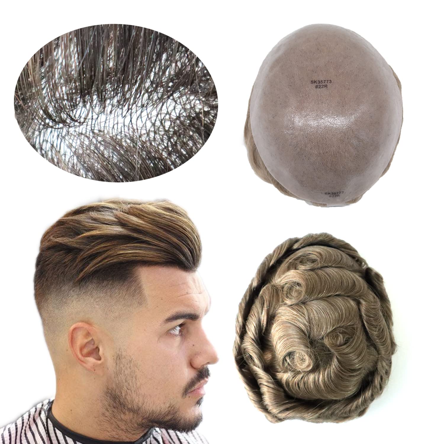 HAIR NATURE Human Hair Pieces, Toupee for Men, Human Hair Replacement Systems, 0.12mm Medium Skin Scalloped Hairline #20