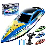 Tidjani RC Boat for Kids, Remote Control Boat with 7-Mode LED, Self-FILP, Low Battery & Out-of-Range Warning, 15 KPH RC Speed Boat for Pool & Lake & Saltwater, Summer Toys for Boys, Girls