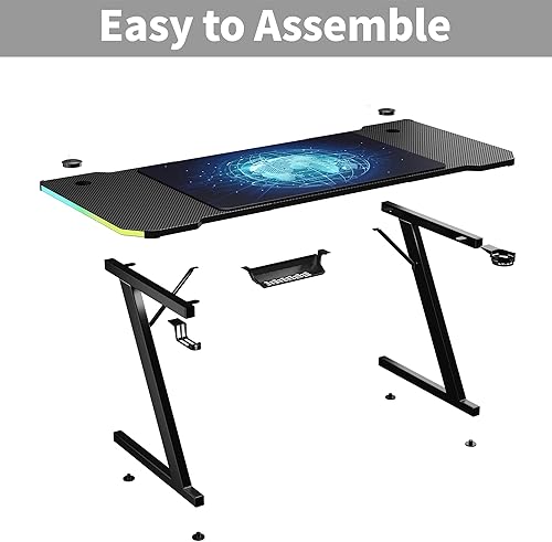 Miniatura 8 de Furniwell Escritorio para juegos con luces LED, escritorio de computadora en forma de Z de 63 pulgadas, mesa de juegos, estación de trabajo para