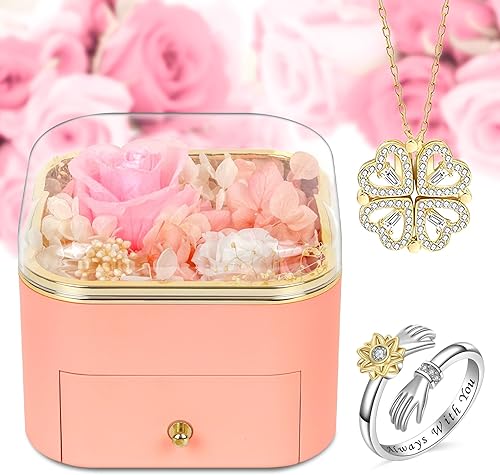 Miniatura 5 de Rosas preservadas con collar y anillo rosas eternas, regalos de rosas reales para mamá, esposa, novia