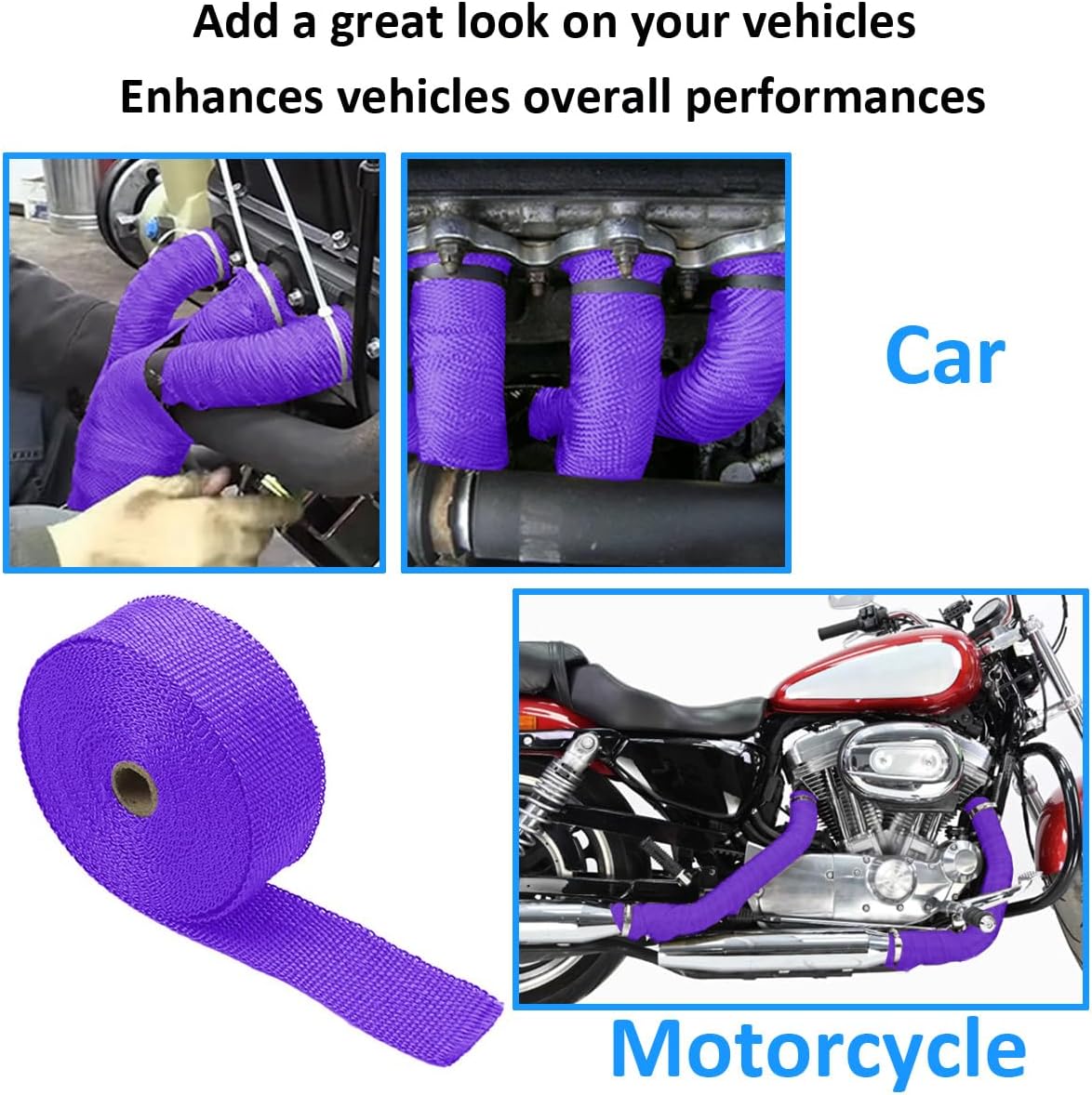 Purple Exhaust Heat Wrap 2" x 32 Feet Motorcycle Exhaust Header Pipe Wrap Fiberglass Heat Shield Tape Car Manifold Insulation Thermal Protection with 6pcs Stainless Ties
