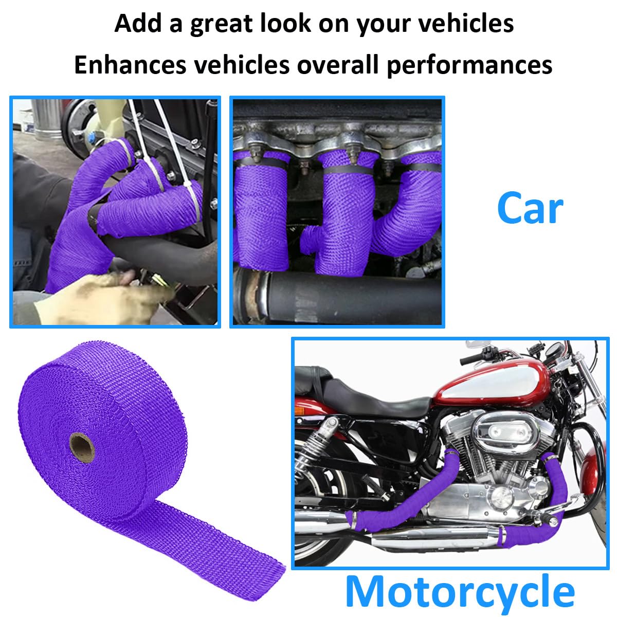 Cinta Anticalorica Para Escapes Cinta Aislante Térmica Coche Fibra de Vidrio Banda Aislante Anti Calor Protección Tubo Colector Escape Morado 5CM X 10M con 6 Bridas