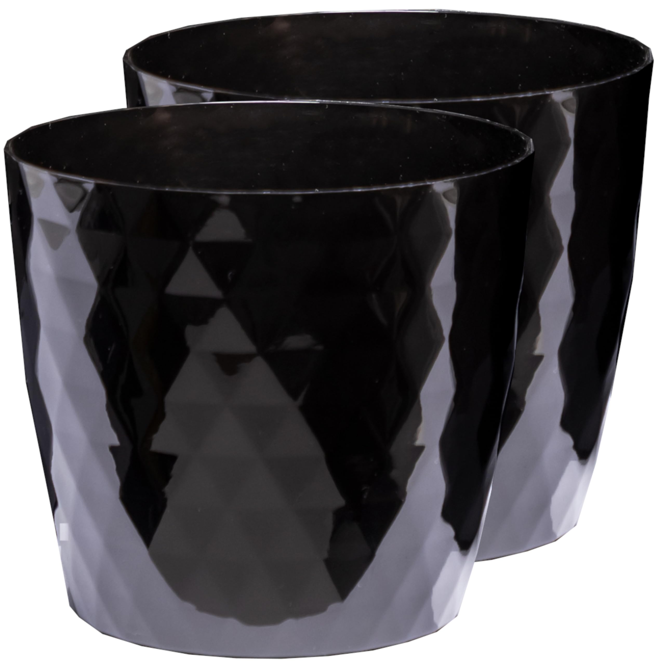 Home Garden Ornaments Plant Pots Indoor, 2 Pack, No Holes, Glossy Crystal Look, Decorative Plastic Planters (Black 18cm / 7.1 inch)