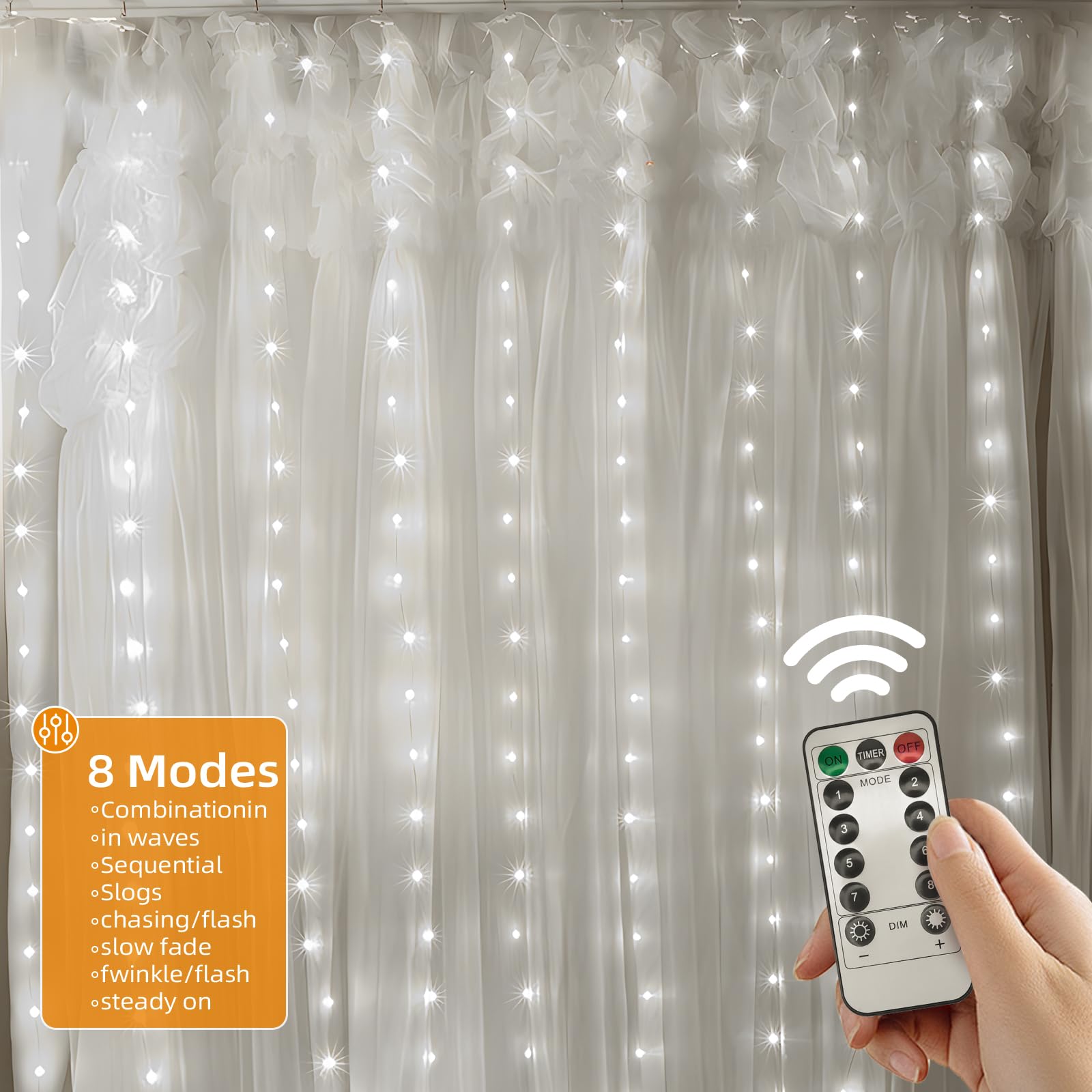 Jsdoin Cortina Luces,3.6 x 3M con Control Remoto 8 Modos de USB Cortina de Luces Navidad Exterior,360 LED Cortina LED Decoración para Navidad Jardín Habitación Cortina (Blanco frío)