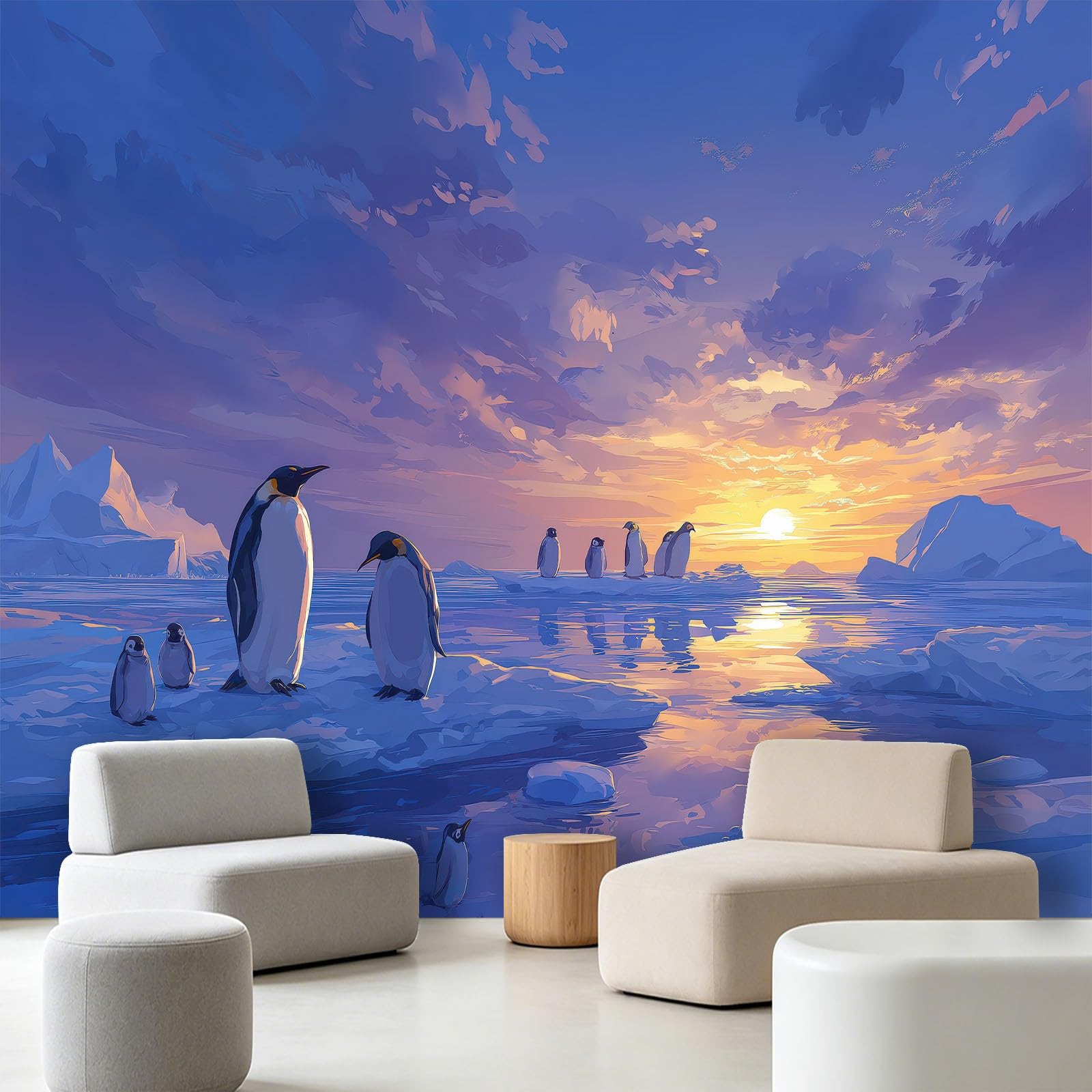Générique Papier Peint Panoramique Photographie Animal Paysage 350x256 cm - Décoration Pingouin Scène Neige Surface Glace - Tapisserie Murales Papier Peint Intissé pour Chambre Salon - Photo Muraux