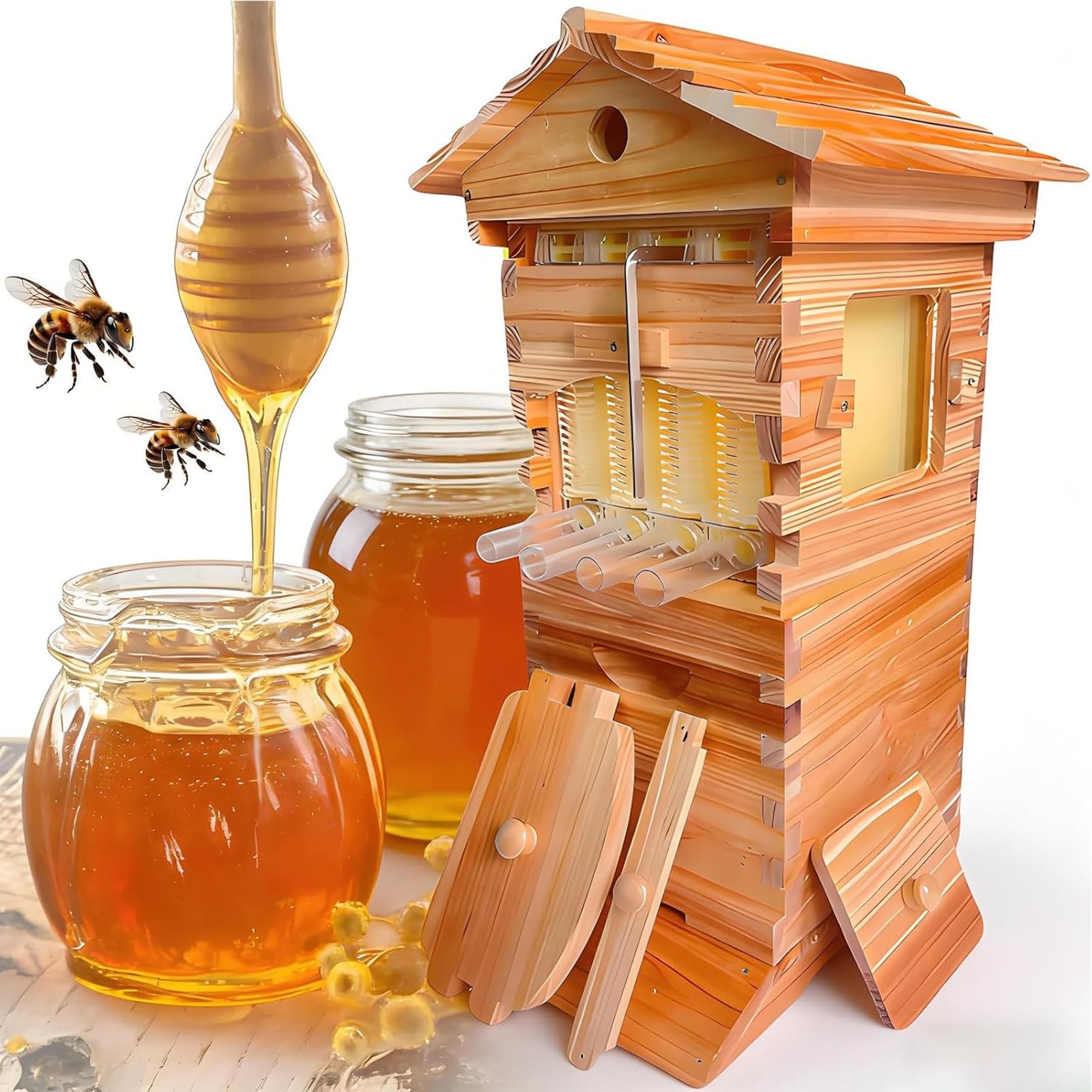 Bienenstock-Starterset, Selbstfließender Honigbienenstock Mit Sichtfenster Und Honigauslauf, Selbstfließender Bienenkasten Aus Holz, Für Die Imkerei, Gartenbestäuber