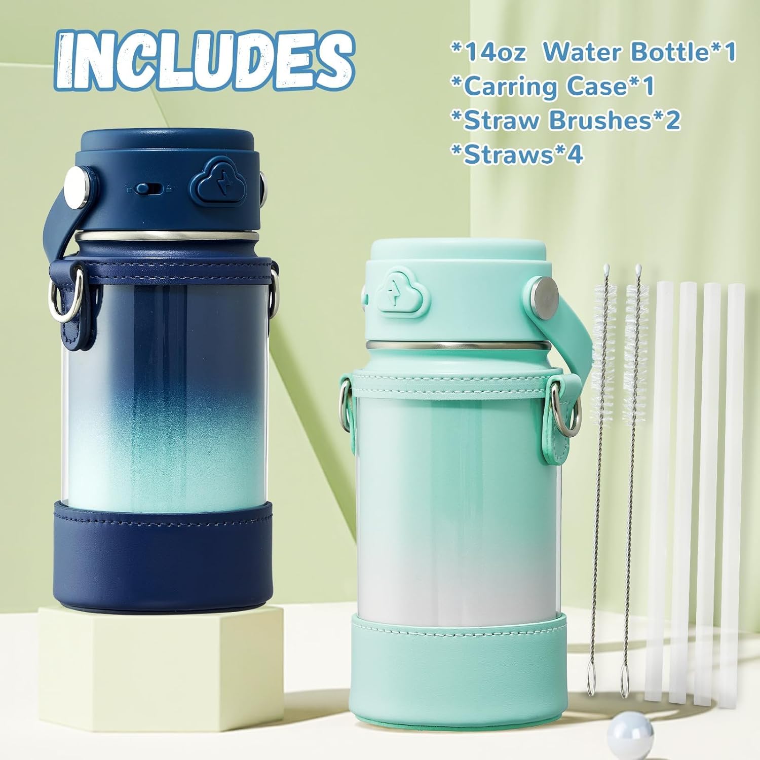 2 Pack Kids Water Bottle with Straw, 14oz Insulated Stainless Steel Tumbler, Leak-Proof Locking Lid for School, Lunchbox, Outdoor Sports, Case with Shoulder Strap(2 Pack, Mint Bloom+Midnight Mint) - Image 8