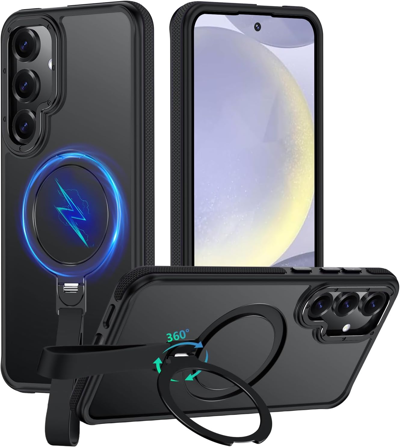 360°Spin Magnetic Stand with Silicone Strap for Samsung Galaxy S24 Plus Case[Fit for MagSafe], Mil-Grade Shockproof Translucent S24+Plus Phone Case with Kickstand&Ring Holder (Black)