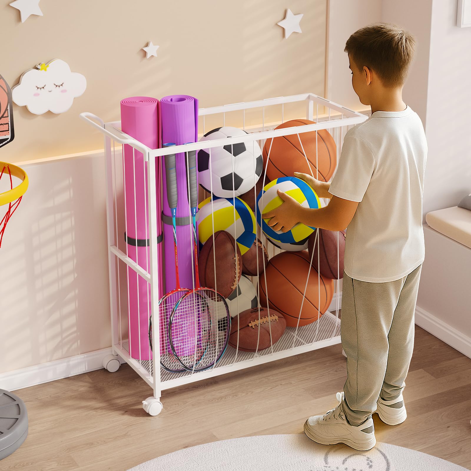Homsorout Cesta de almacenamiento de bolas, carrito deportivo organizador de metal para garaje y gimnasio