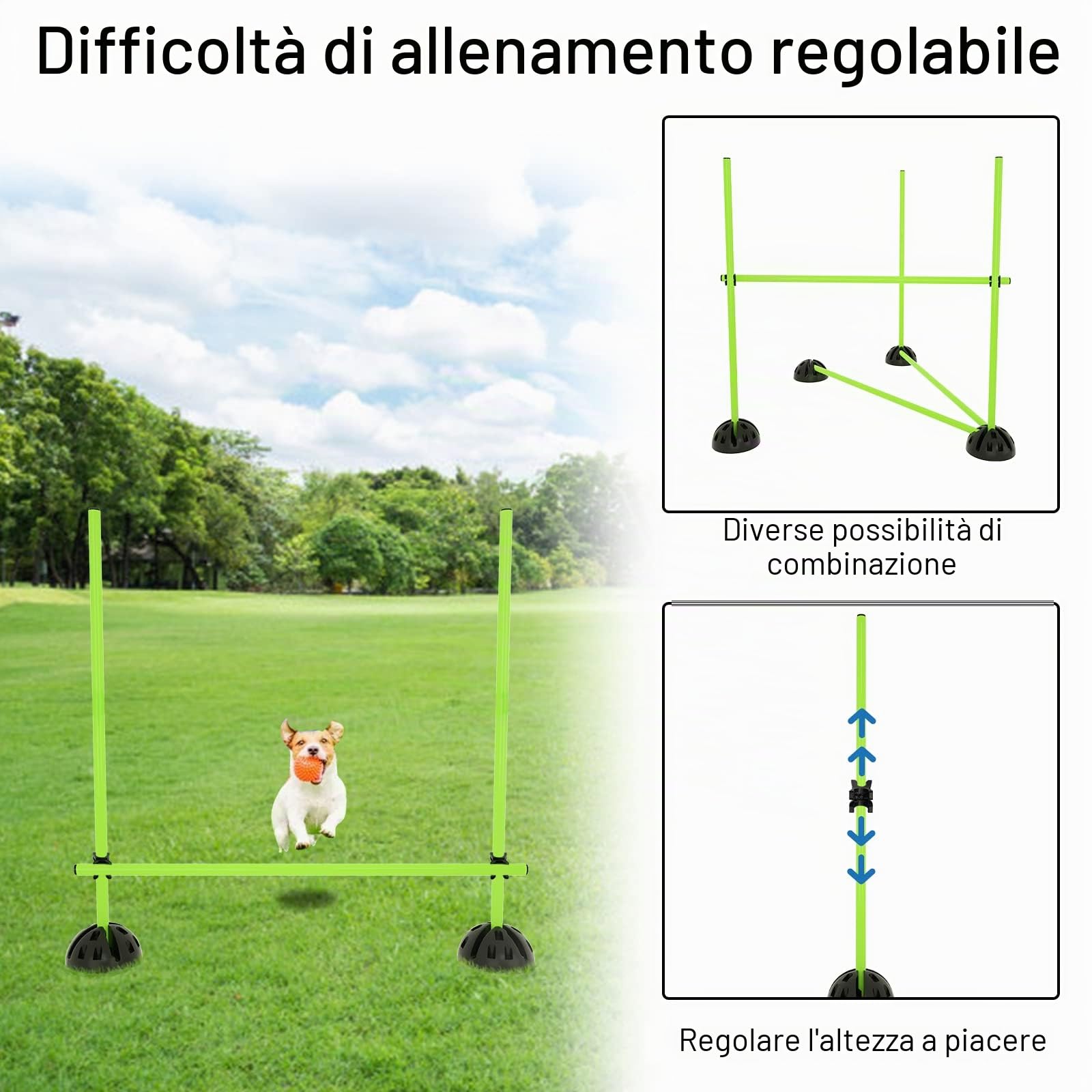 YRHome Set di aste da allenamento multiple per agility condizionale, Slalom, set da calcio per bambini, con aste da 15 x 100 cm, 10 piedini a X, 10 clip verde