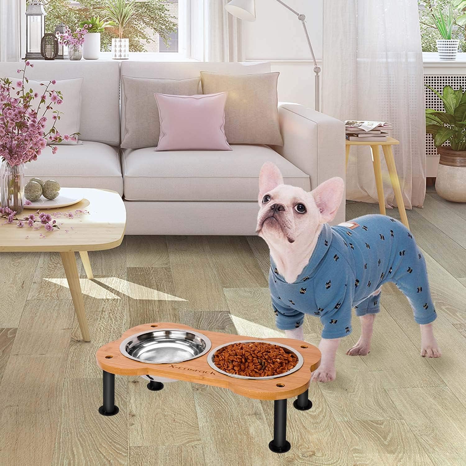Elevated Small Dog Cat Bowls, Unique Bone Shape Bamboo Raised Dog Bowl Stand with 2 Stainless Steel Bowls, Anti-Slip for Pets Puppy Small Dogs Cats Food Water Bowls