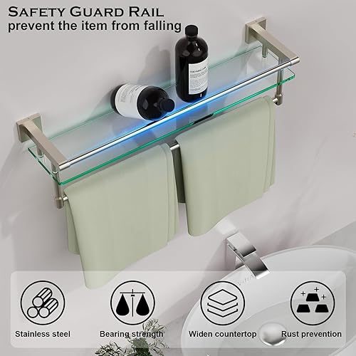 Miniatura 4 de Moderno estante de cristal para baño de 24 pulgadas con 1 estante, níquel cepillado, 1 toallero, capacidad de peso de 45 libras