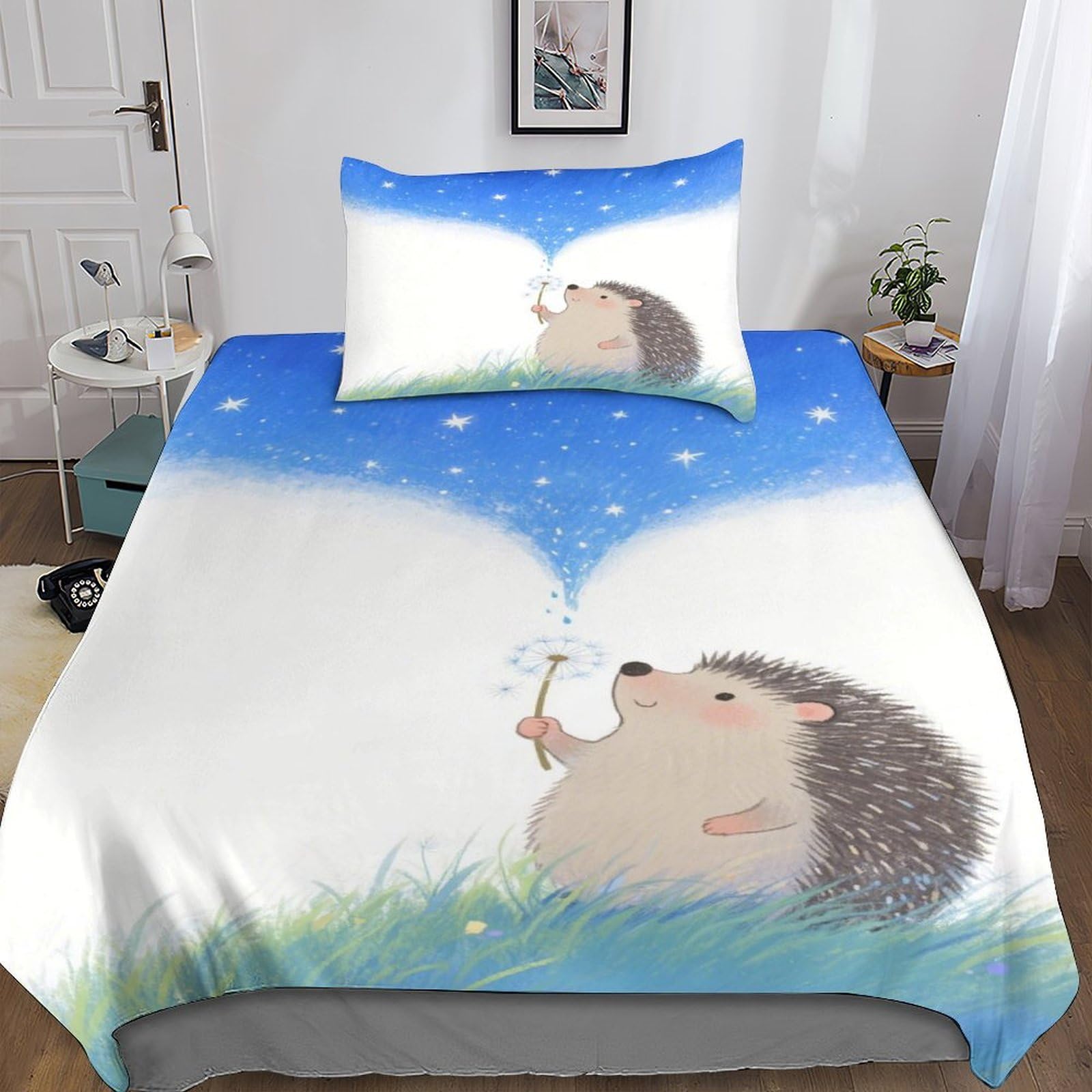 Cartoon Animal Duvet Cover Single（135x200cm）, Hedgehog Bedding Set Soft & Cozy Percale Weave, Hedgehog Comforter Cover with Zipper Closure for Kids & Adults