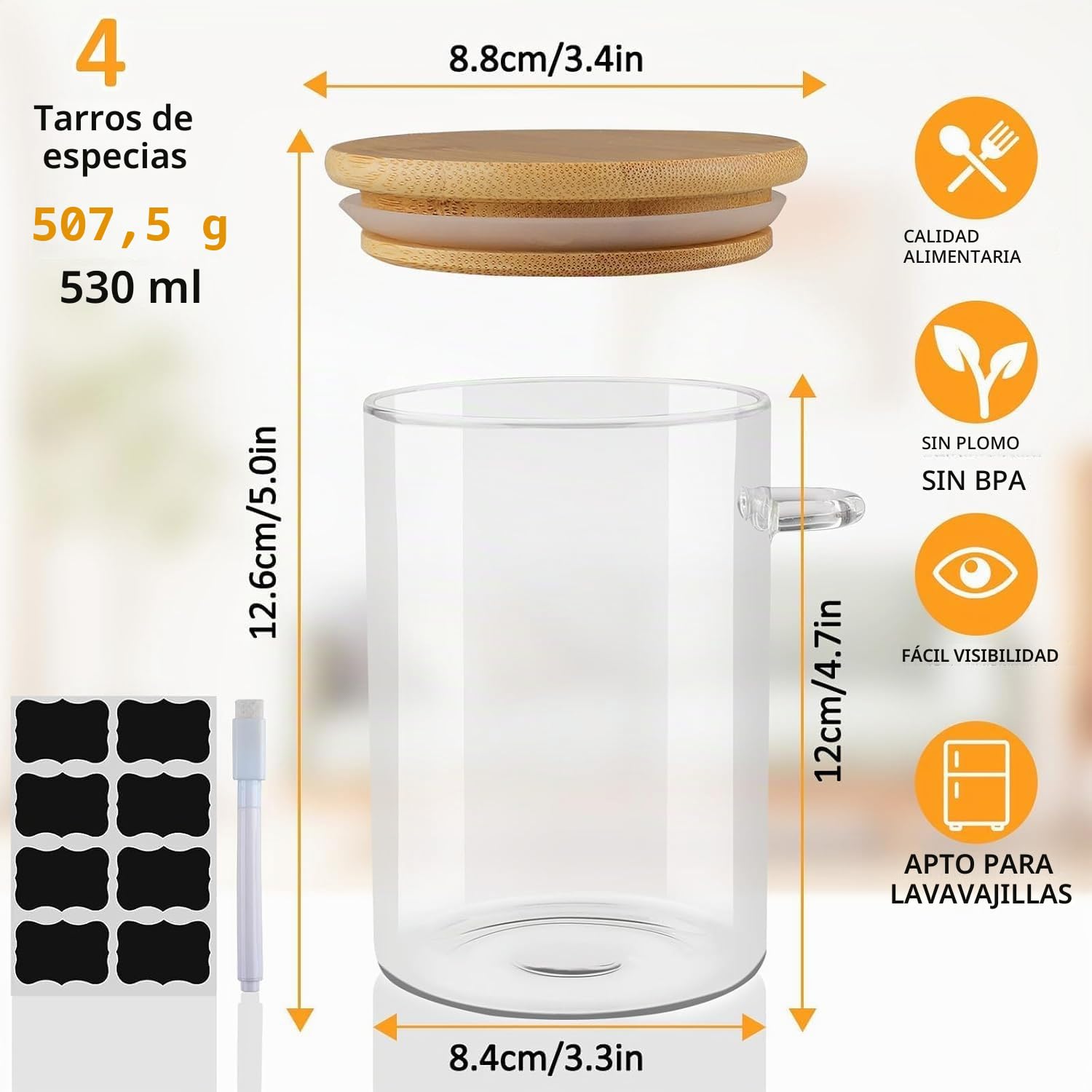 Tarros de Vidrio con Tapa Hermética Cuchara,4 Piezas 500ML Tarros de Cristal con Tapa Hermética y Cuchara Botes de Cristal de Cocina para Café té Azúcar Especias Cereales