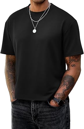 Vssjavun Mens Boxy Cropped T-Shirt Loose Fit Short Sleeve Oversized Tee Heavyweight Summer Streetwear Top
