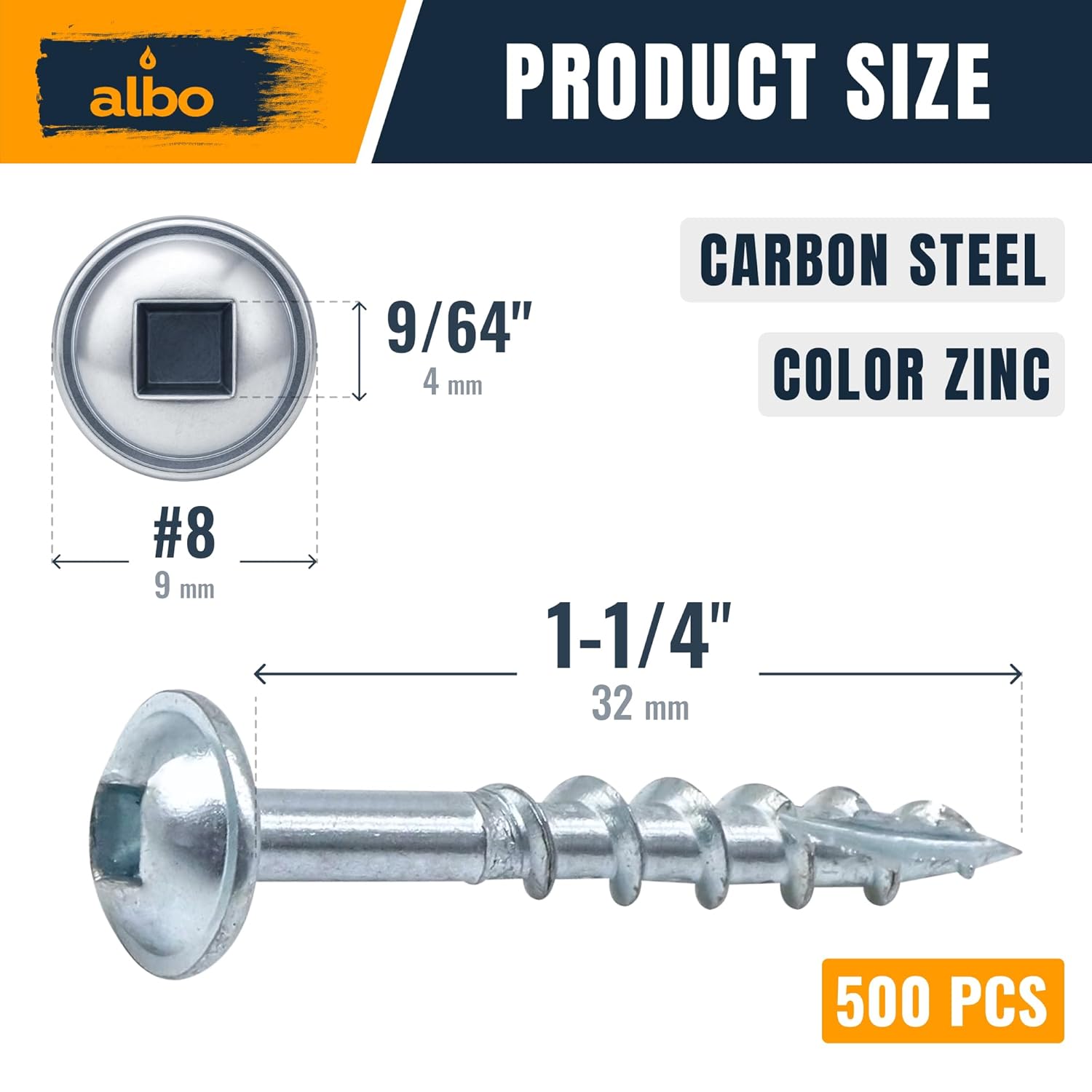 ALBO Pocket Hole Screws #8 × 1-1/4" Set 500 PCS Zinc Carbon Steel Self-Tapping Robertson Square Drive Washer Head Cabinet Wood Screws, Pocket Jig Fasteners Assortment, 150 mm Bit Included