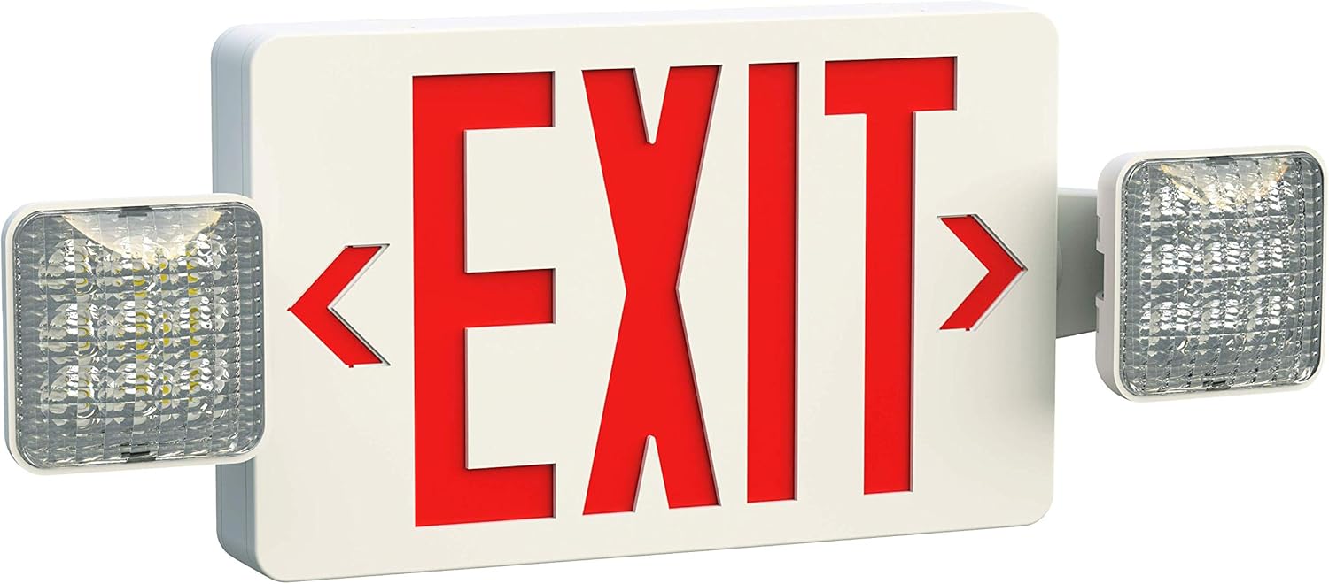 LED Red Emergency Light Combo Exit Sign with Battery Backup, Two LED Adjustable Lamp, AC/DC Input, 120V/277V Dual Optional Voltage, Fire Resistant, UL Certified GC4 for Home Hotels Offices