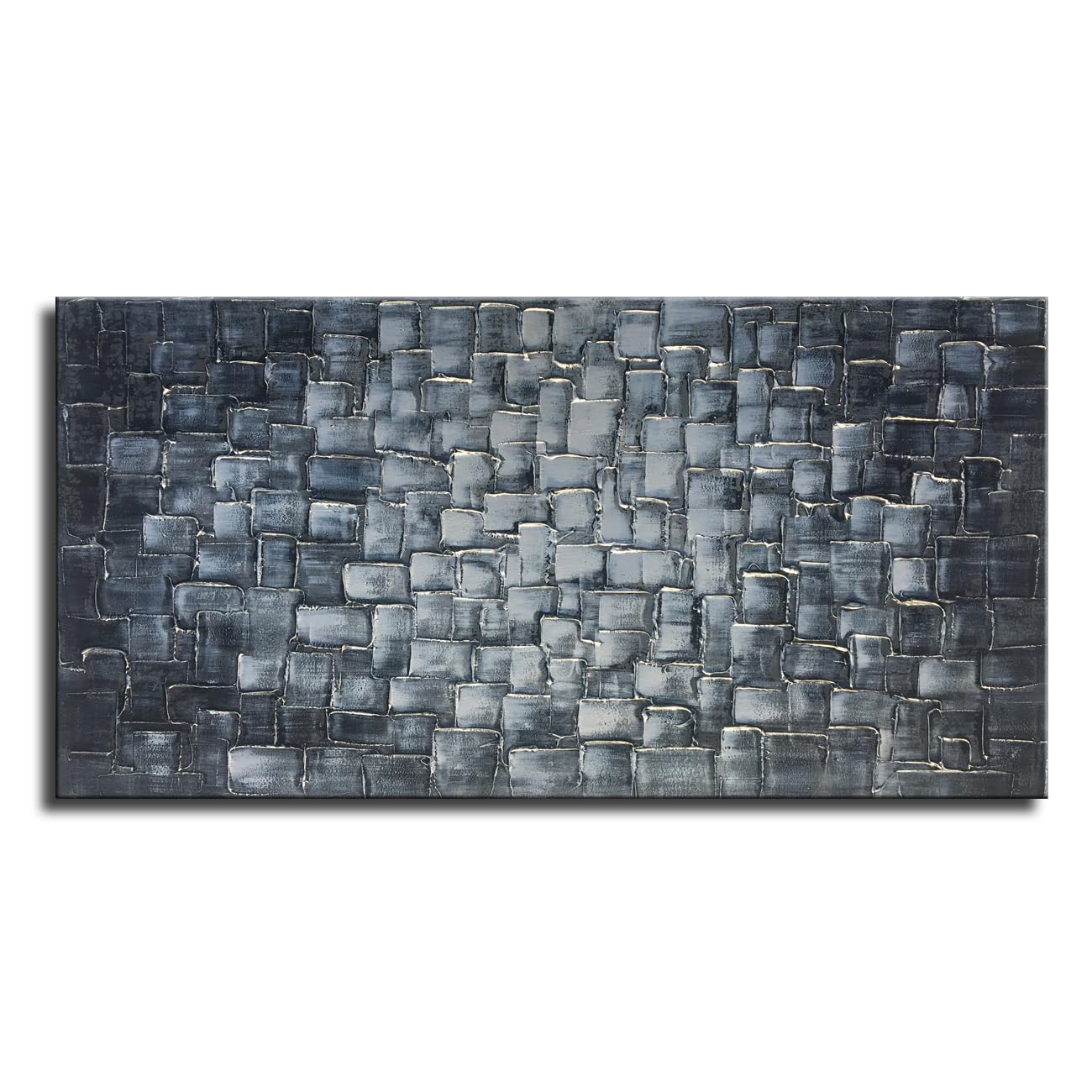 MyArton Textured Abstract Squares Canvas Wall Art Hand Painted Modern Silver Oil Painting Picture for Home Decoration Ready to Hang 40x20inch
