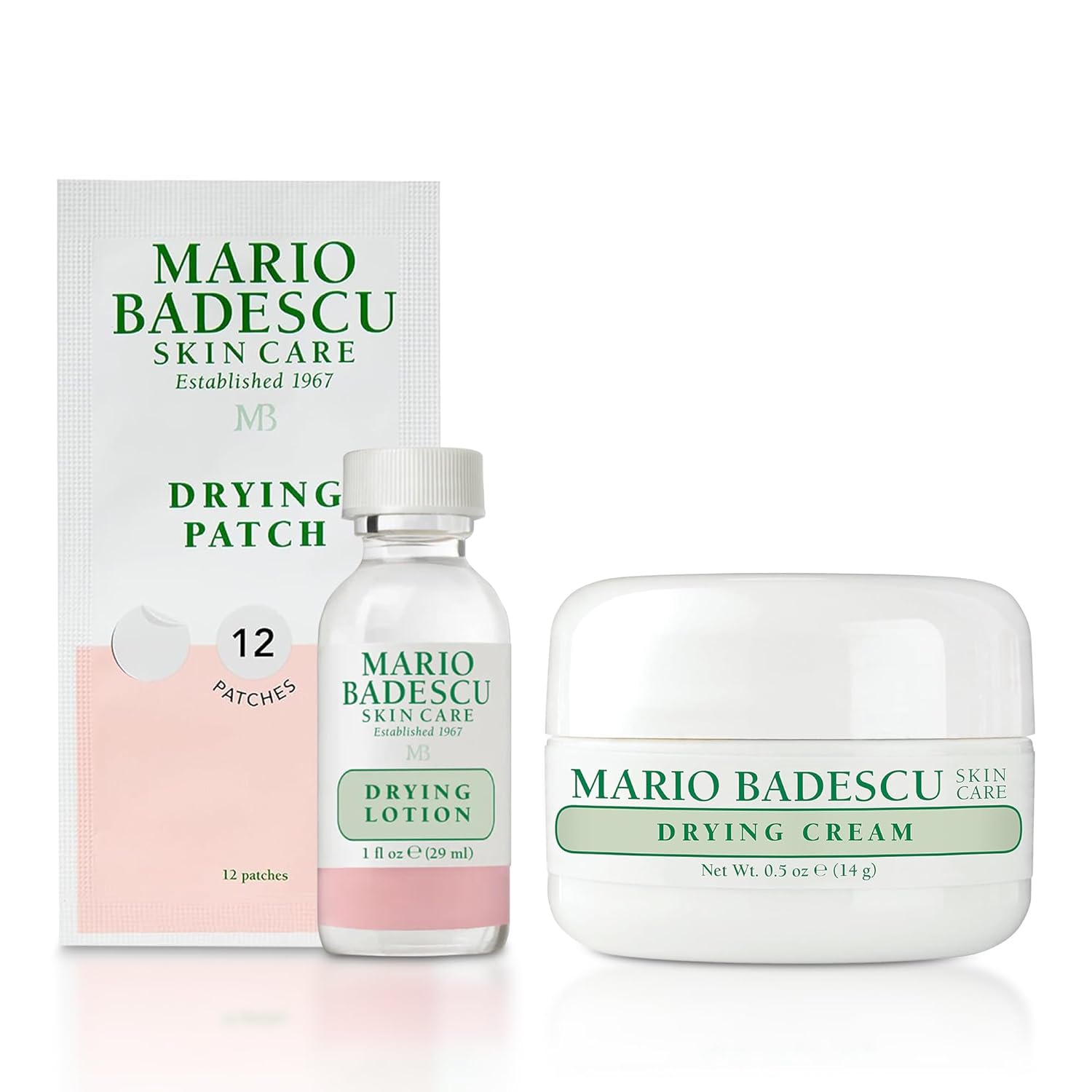 Mario Badescu AM/PM Blemish Kit, Includes Drying Lotion Spot Treatment & Drying Patch Facial Stickers, Invisible Pimple Patches (12 Count) + Drying Cream, Clarifying Cream that Targets Bumps and Spots
