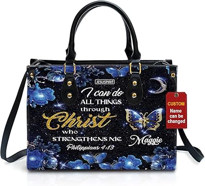 Jesuspirit Spiritual Christian Faith Scripture Gifts For Women Of God - Personalized Religious Purse Gift For Church Ladies - I Can Do All Things Through Christ Custom Name Leather Zipper Bag
