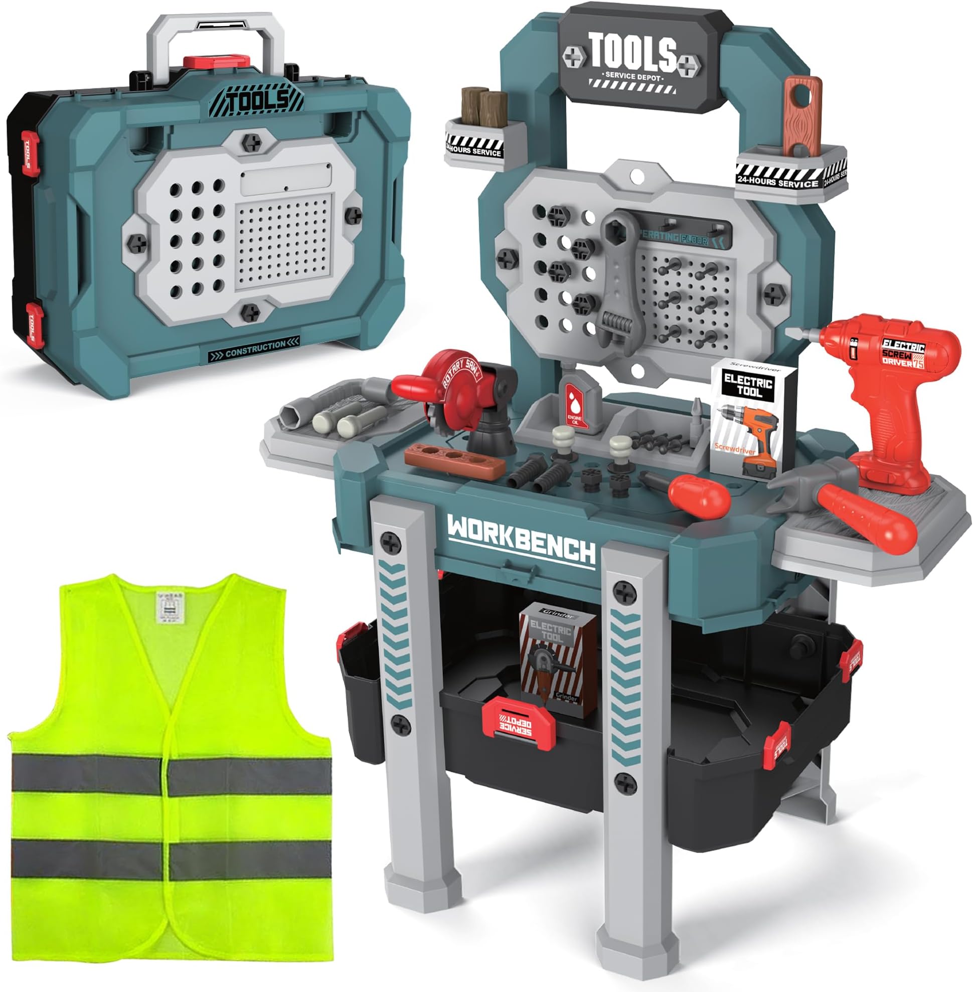 Kids Tool Bench with Realistic Tools and Electric Drill, 83 Pcs Transformable Kids Tool Set with Clothes, Toddler Tool Bench Learning Gift for Boys & Girls3, 4, 5 Stickers Vest (Green)