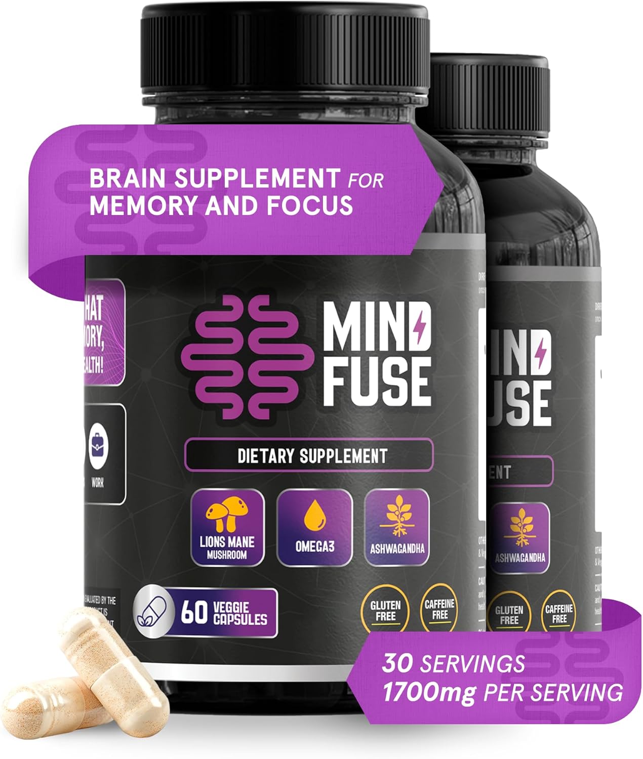 (2 Pack) - Nootropic Memory Booster Supplement for Adults - Lion’s Mane Capsules with Omega-3, Ashwagandha & L-Theanine for Focus & Memory - Gluten-Free 120 Capsules