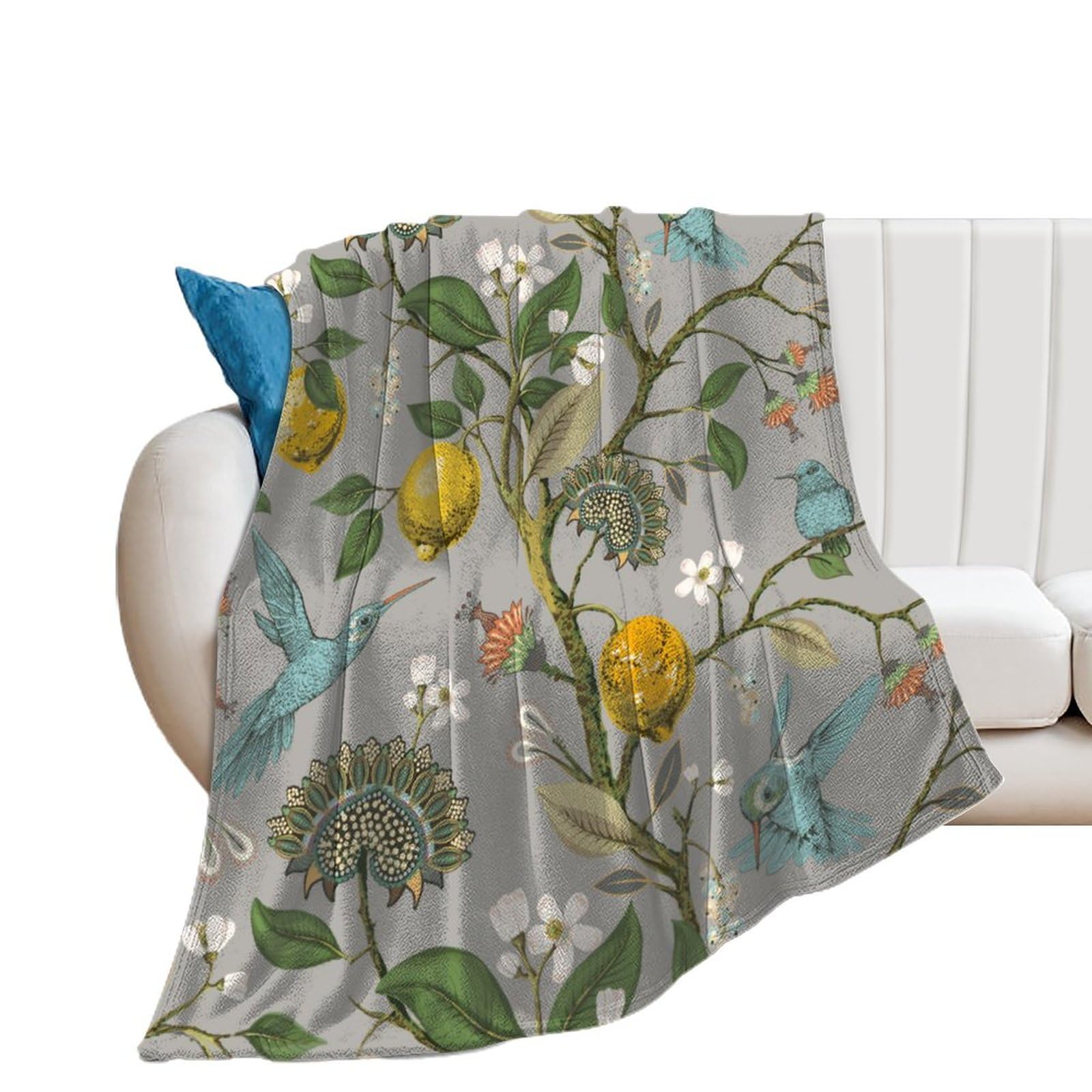 Spring Tree Hummingbird Summer Blanket Fuzzy Fluffy Flannel Plant Lemon Throw Blanket Soft Lightweight Cozy Plush Bed Blankets for Couch Bed Living Room Sofa Office Car Blankets 50"x60"