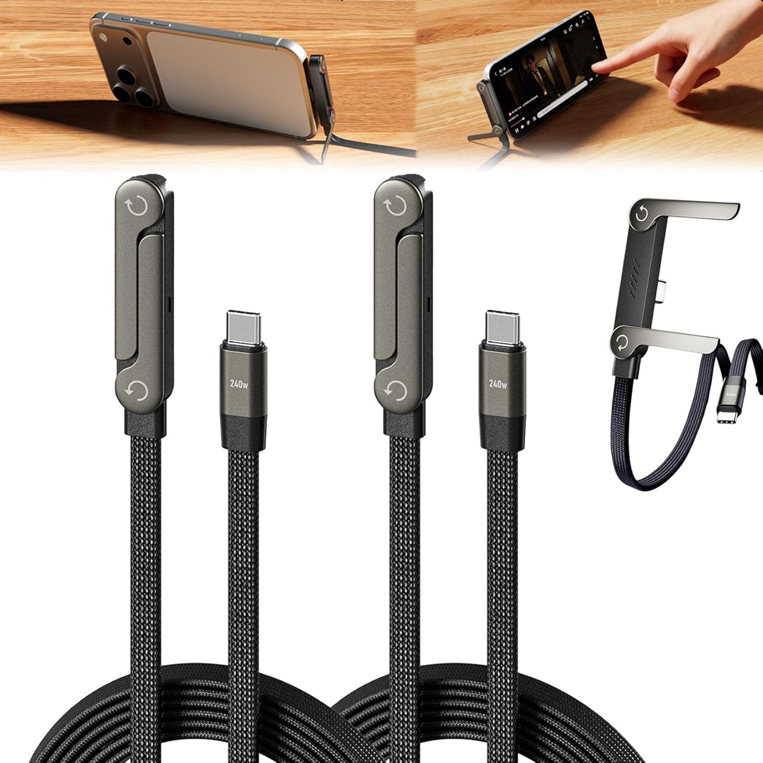 Sideways Phone Charger, Multi Charging Cable, 2-in-1 Invisible Holder Charger Cable, 240w Fast Charging Cord with Built-in Phone Stand for Smartphones Tablets (2 pcs)