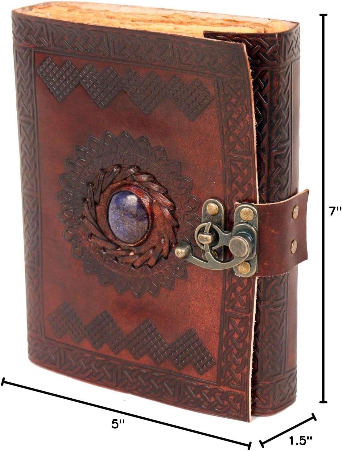 AzureGreen Vintage Leather Journal with Semi Precious Stone - Lock Closure, 240 pages Antique Deckle Edge Paper - Book of Shadows, Grimoire Journal, Witch Journal for Men and Women - 7" x 5"