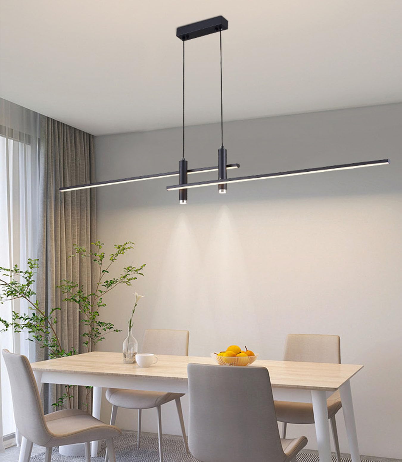 Modern Pendant Lamp LED Dining Table Lamps Dimmable Pendant Lamp with Remote Control Pendant Lamp Height Adjustable Dining Table Lamp for Kitchen Office Living Room Ceiling Light (Black, 150cm)