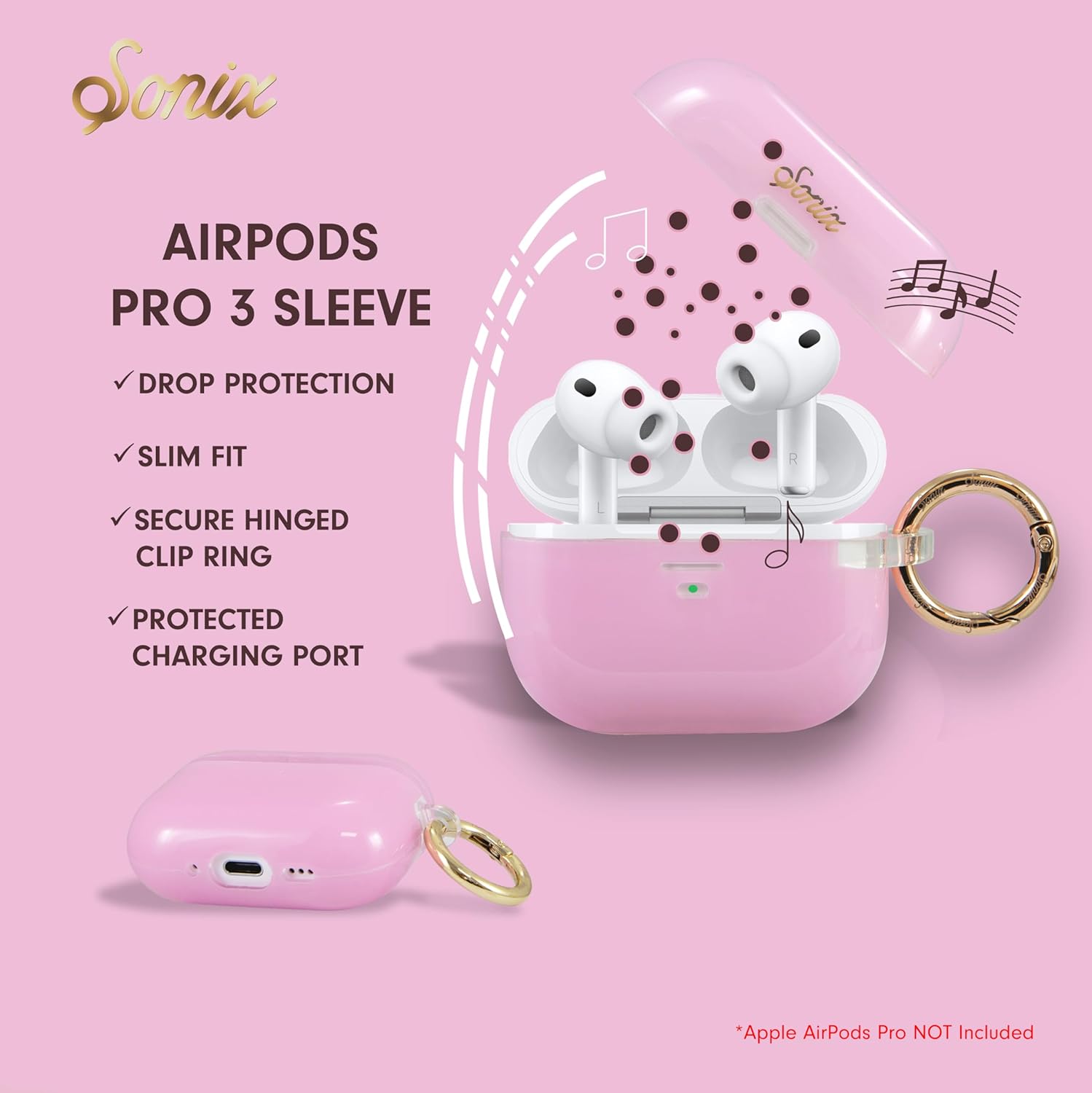 Sonix AirPods Pro 3 Protective Case - Hard Shell Cover with Luxe Keychain Clip - Compatible with 3rd Generation AirPods Pro | Jelly Pink