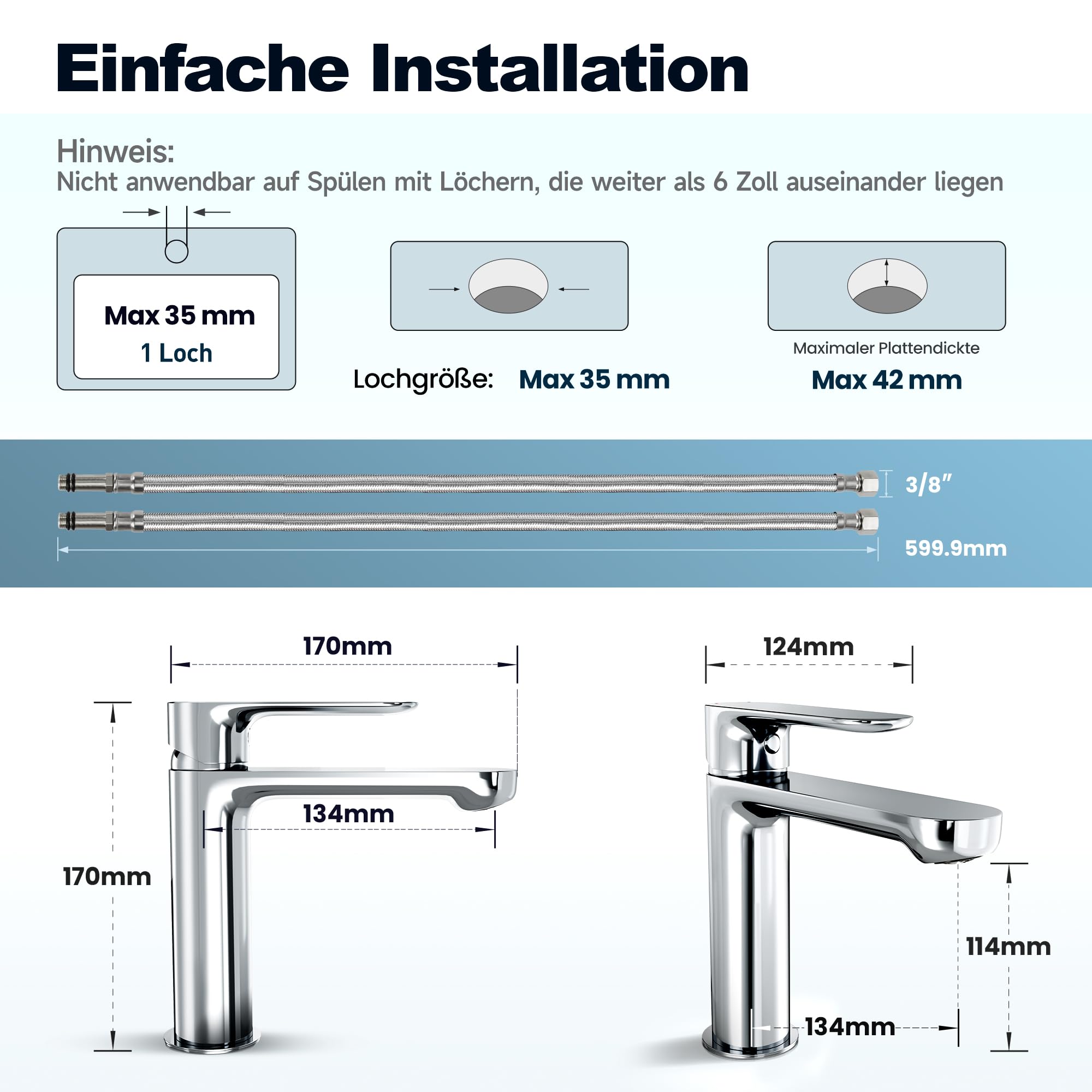 Wasserhahn Bad aus Edelstahl, Moderner Waschtischarmatur für Badezimmer mit Keramikkartusche und Ungiftigem EPDM-Innenschlauch, Einhebelmischer Waschbecken für Waschtisch und Badmöbel