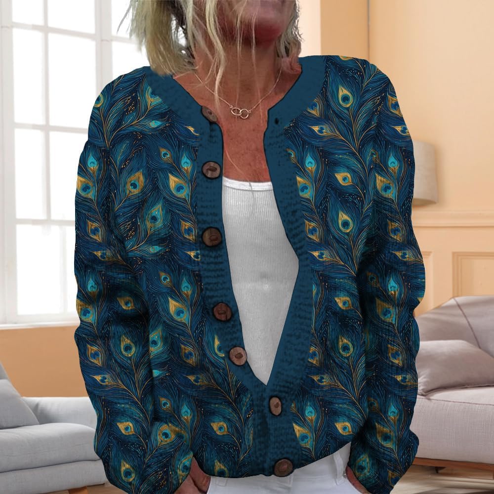 HOTYD Womens Floral Print Cardigan Sweater Trendy Crewneck Button up Sweaters Casual Fall Fashion Graphic Chunky Knit Sweater