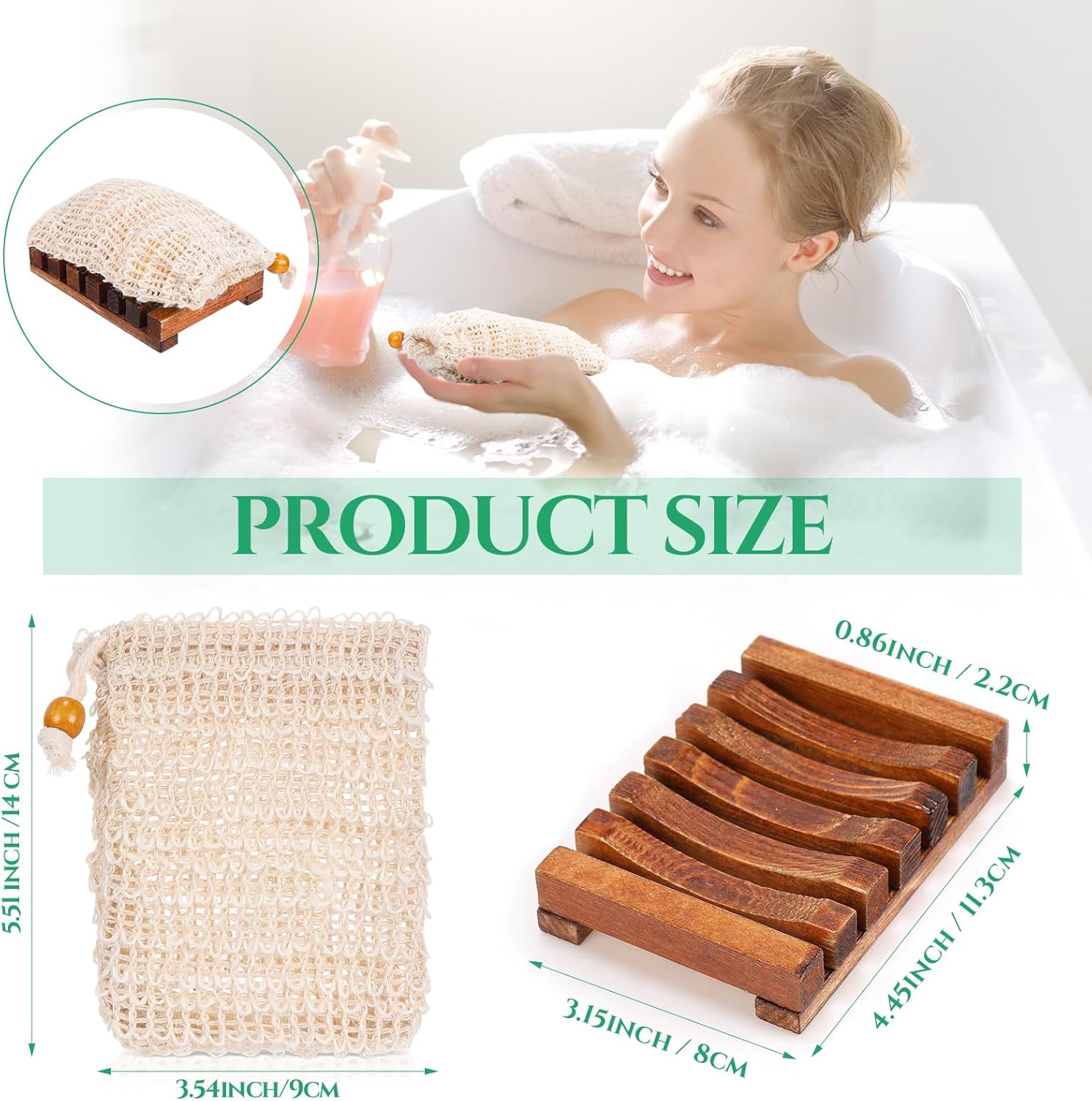 Mumufy 12 Pcs Wood Soap Dish and Exfoliating Bag Set 4.5 x 3.35 x 0.87 inches Self Draining Soap Saver Wood Tray for Bathroom Shower Travel(Brown,Bamboo)