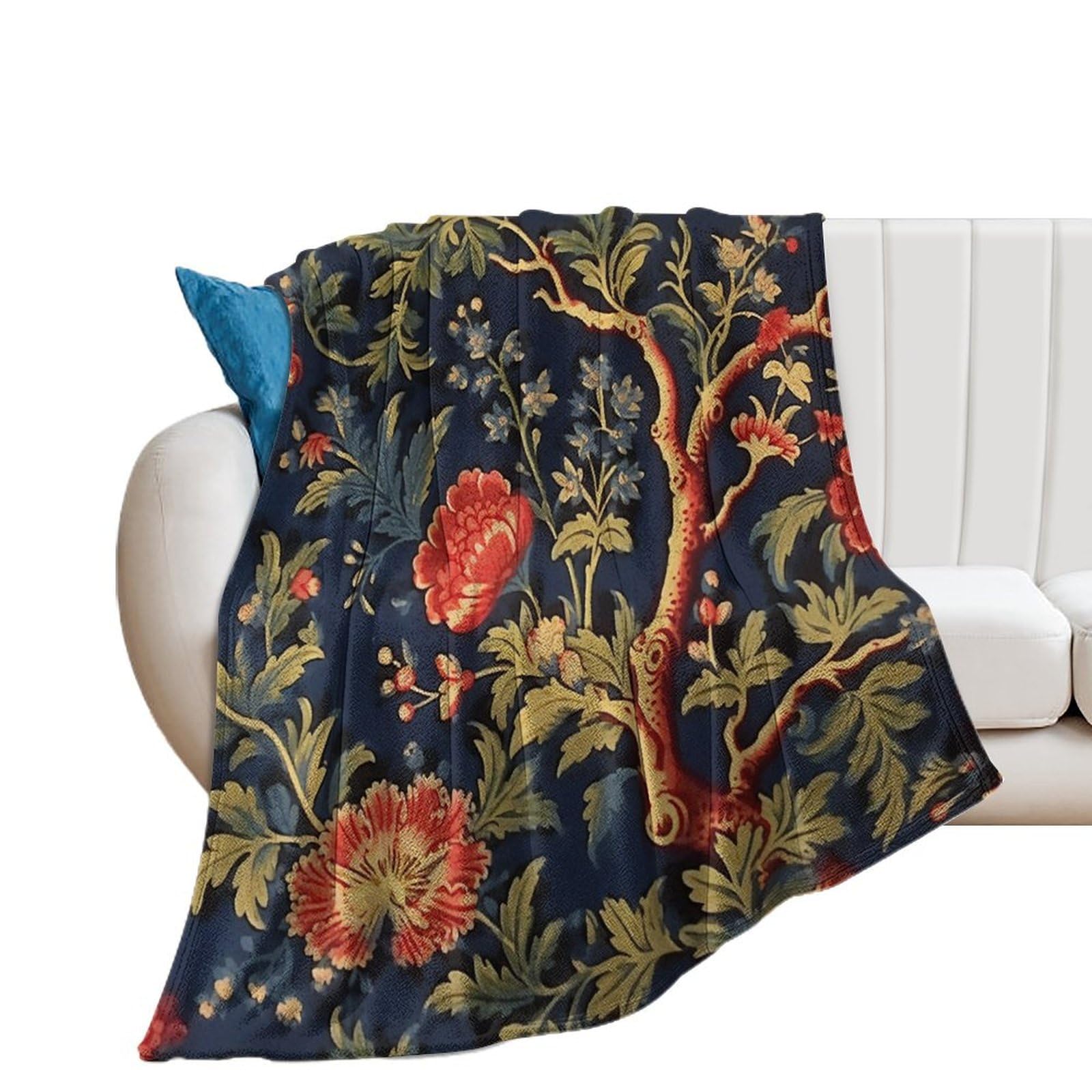 Couverture et jetés en flanelle bleu marine bordeaux motif botanique lit