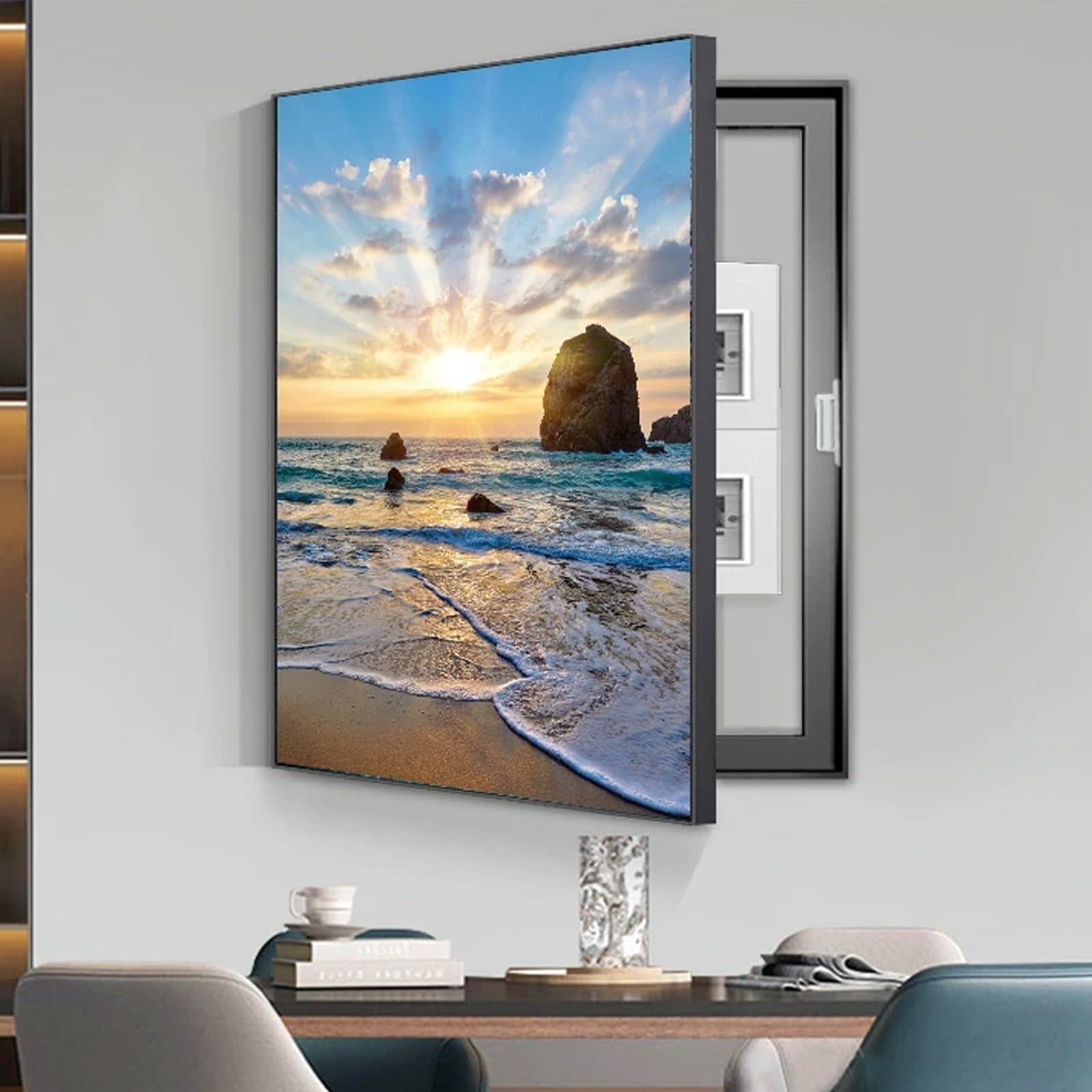 Copri Quadro Elettrico Decorativo, Copertura per Scatola contatore Elettrico, Pittura Decorativa Semplice e Moderna copri cassaforte a muro, per soggiorni(Black 8,50X60cm/19.7X23.6in)