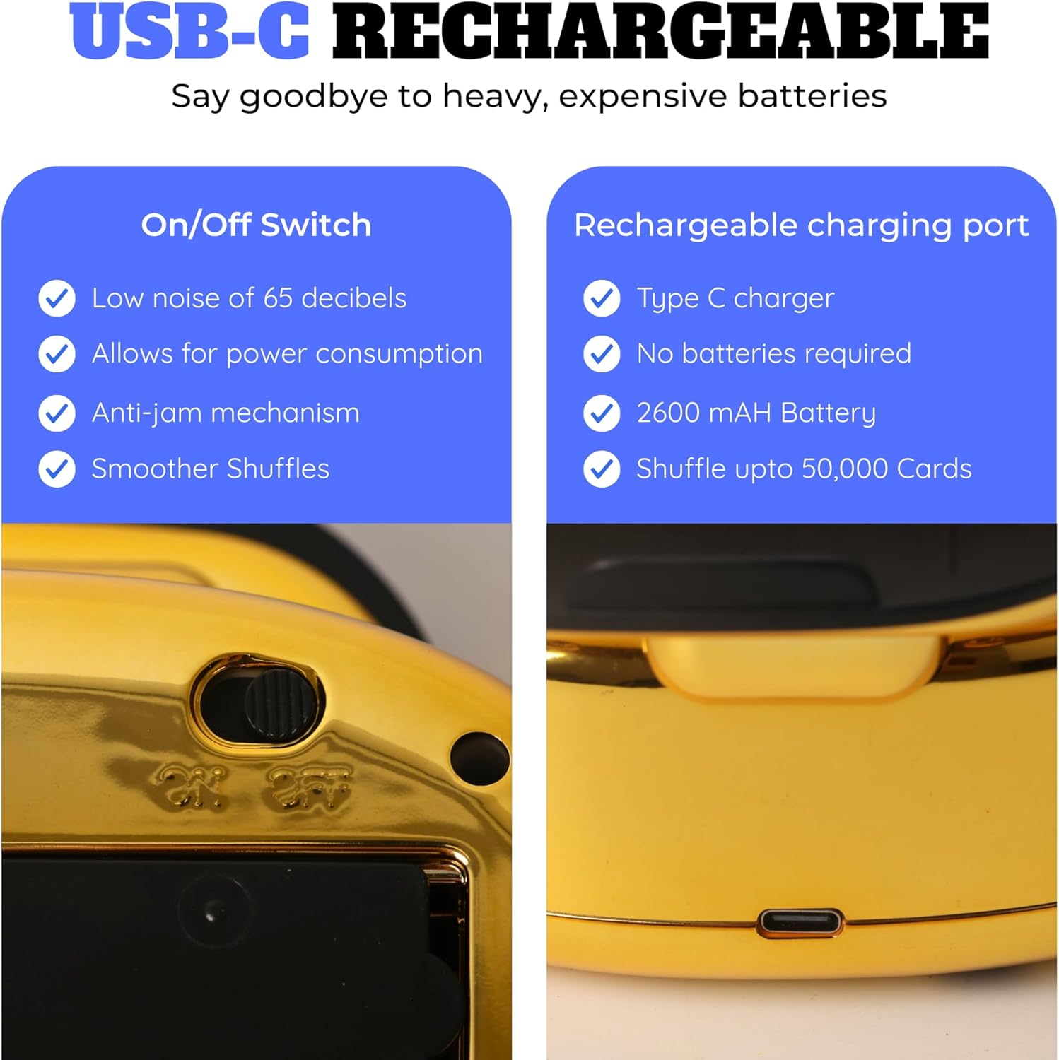 Automatic Card Shuffler for 1-2 Decks | Dual Mode Card Shuffler with Auto-Stop Function | USB-C Rechargeable Battery | Suitable for UNO, Skip-Bo, Poker, Blackjack, Texas Hold’em