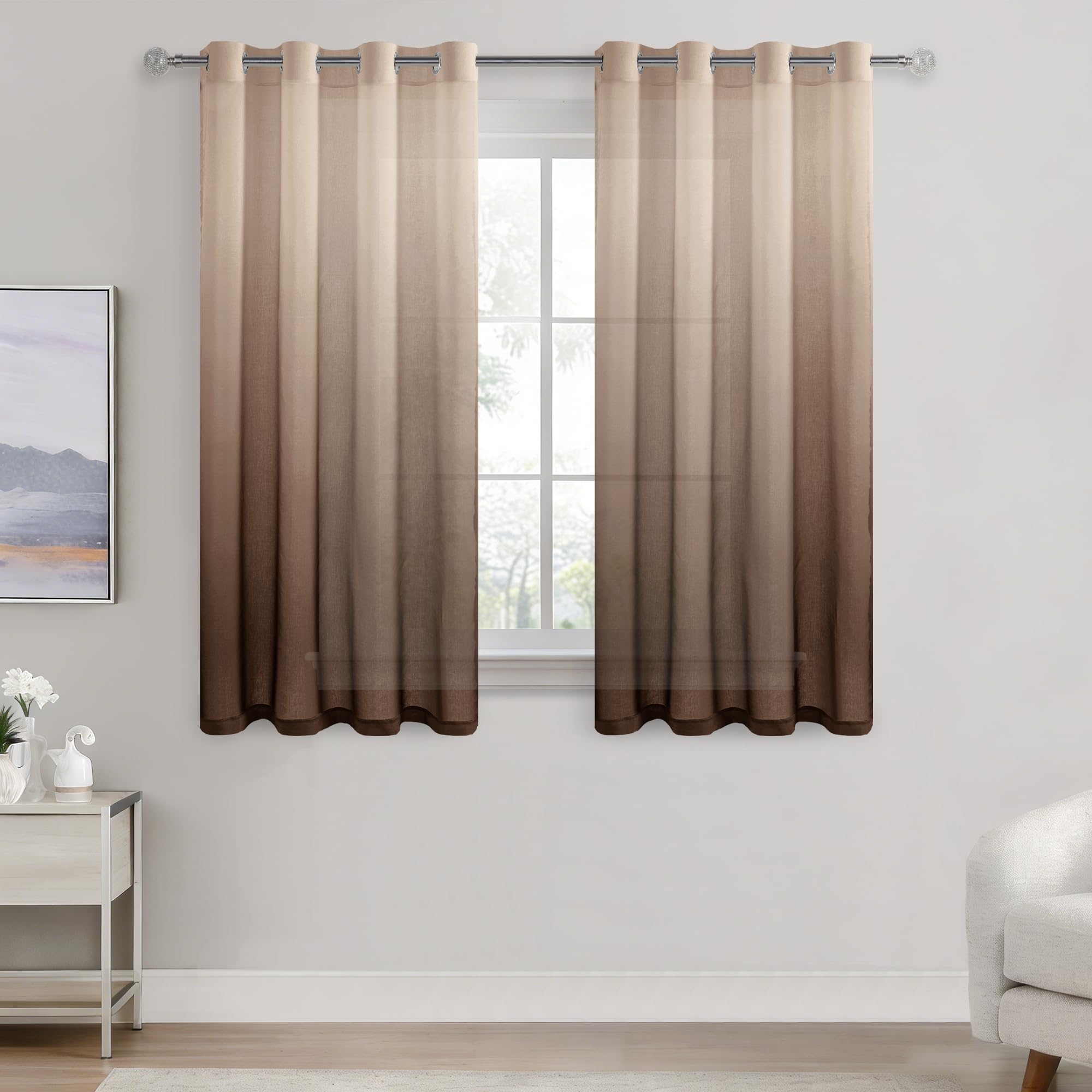 DWCN Net Curtains for Windows 54 drop Eyelet Sheer Curtain Panel Voile Curtains for Bedroom 55x54 Inch Brown Gradient Set of 2
