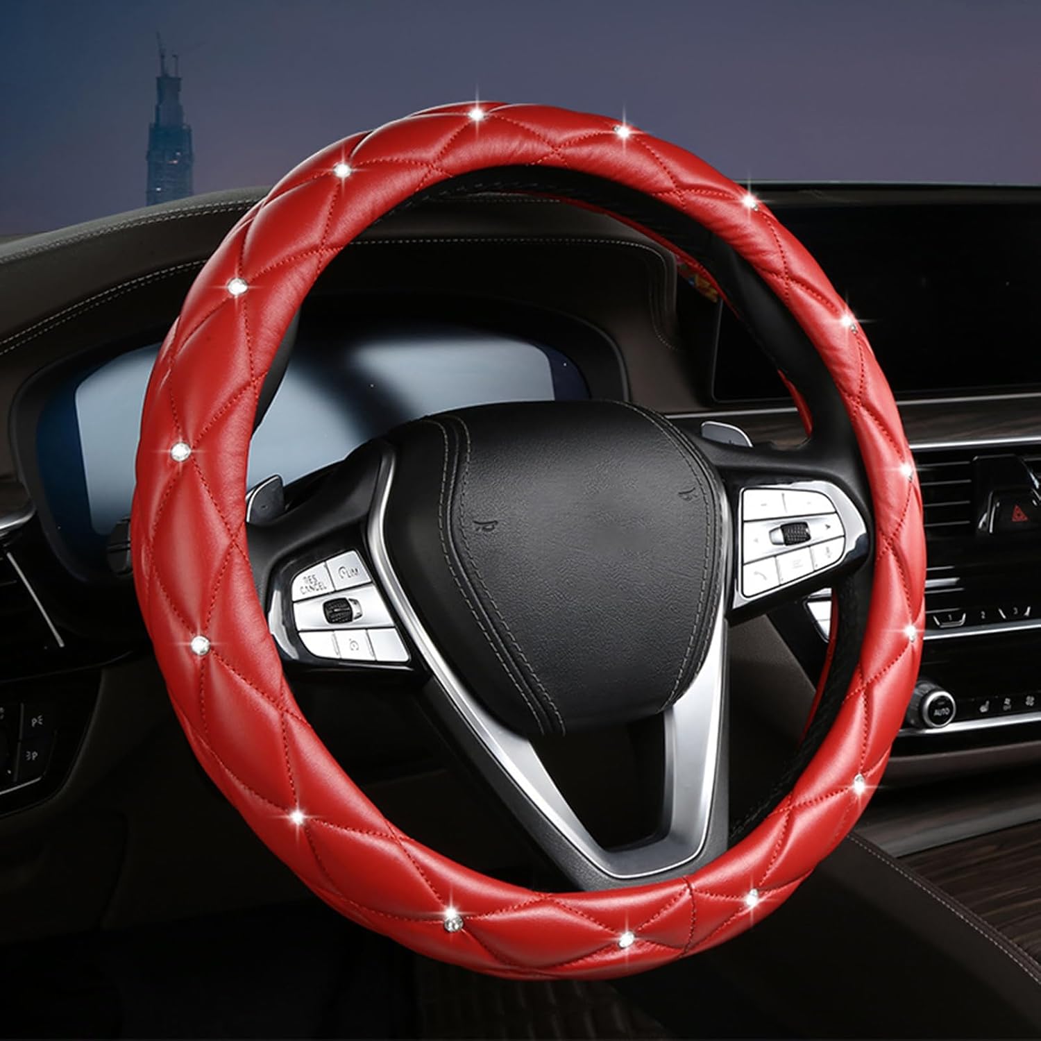 Diamond Steering Wheel Cover with Crystal Rhinestones for Car Interior Accessories Anti-Slip Faux Leather Auto Universal Fit 15 Inch (Red)