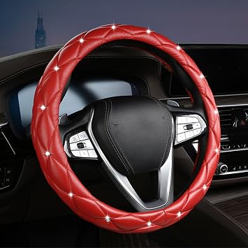 Diamond Steering Wheel Cover with Crystal Rhinestones for Car Interior Accessories Anti-Slip Faux Leather Auto Universal Fit 15 Inch Red
