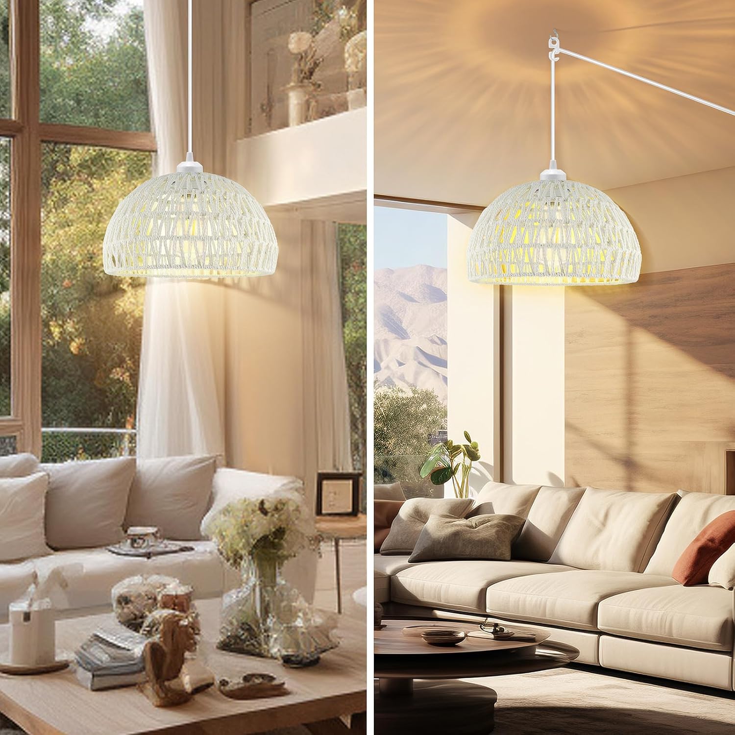 SLYYMY Plug in Pendant Light, 15FT Hemp Rope Cord,Hanging Lights with Plug in Cord Rattan Hanging Lamp Wicker Woven Basket Lampshade, Industrial Plug in Ceiling Light Fixture for Kitchen (Cream)