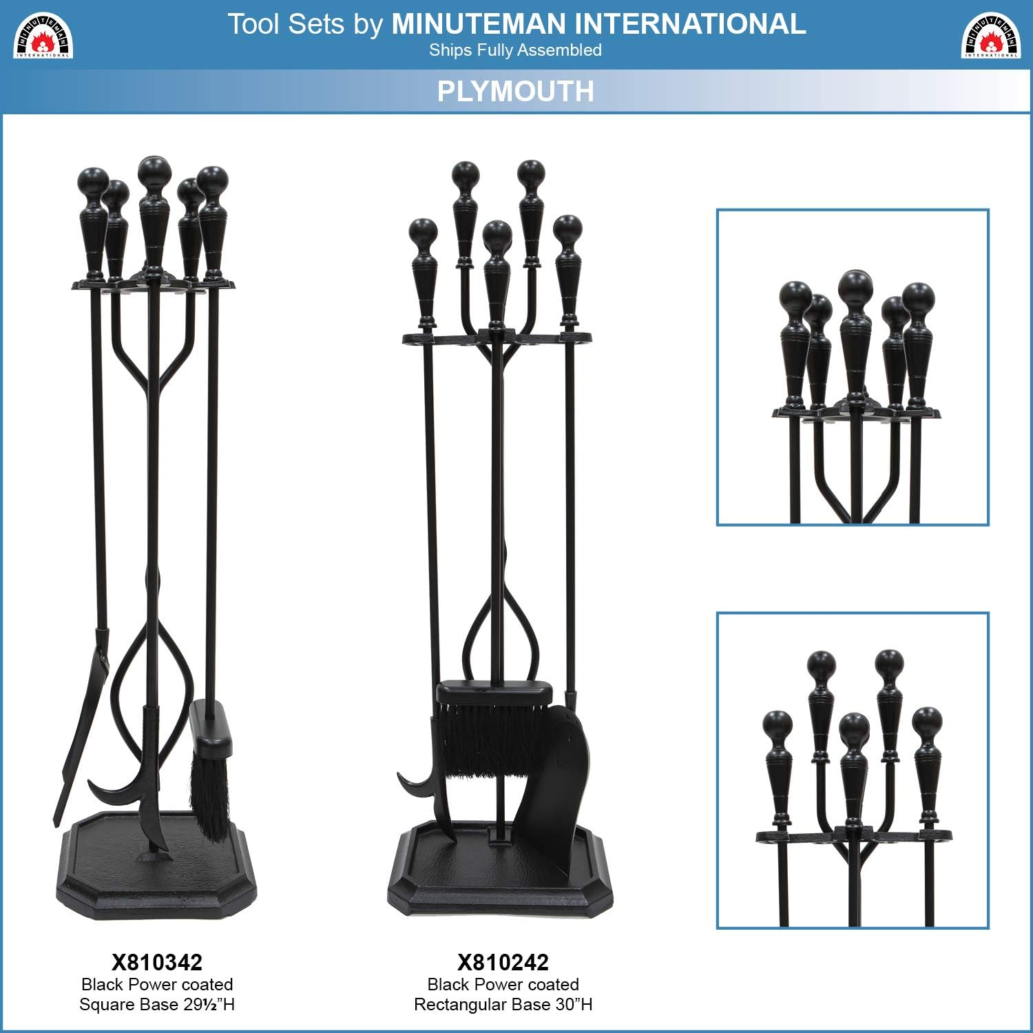 Minuteman International Plymouth 5-piece Fireplace Tool Set, Square Base