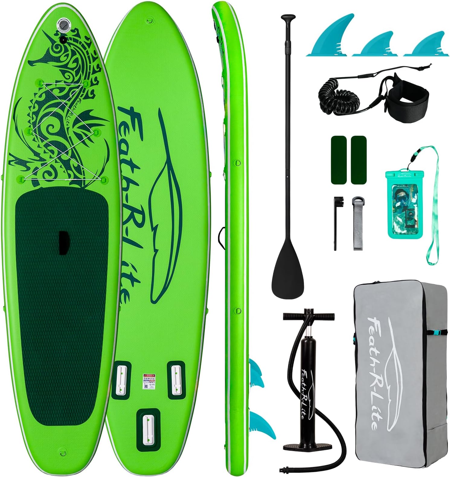 FEATH-R-LITE Inflatable Paddle Board Stand Up Paddleboards for Adults SUP with Premium Accessories Pump, Adjustable Paddle, Leash, Three Fins, Backpack