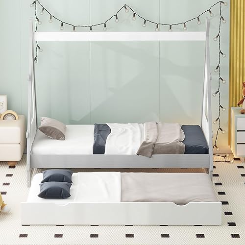 Miniatura 3 de MMTGO Cama de piso de madera de tamaño individual, con nido extraíble, marco de cama Montessori con estructura triangular, muebles de dormitorio