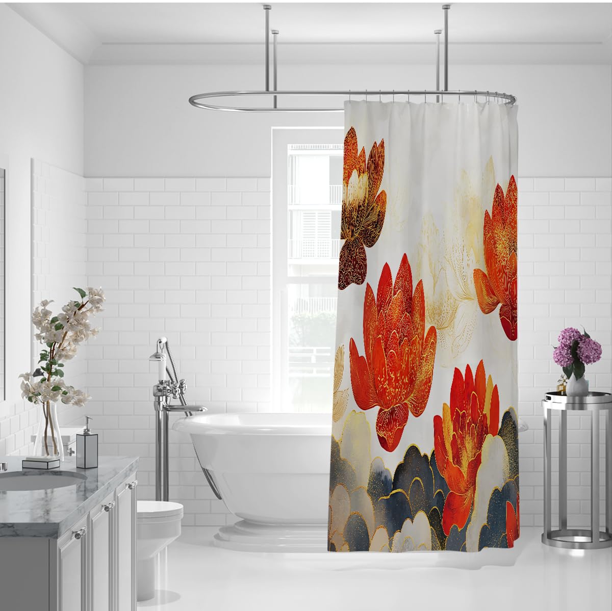 Abstrakter orientalischer Lotus-Duschvorhang Tiefrote Blüten und Wolkenmuster Duschvorhänge für Spa Badezimmer, wasserdicht maschinenwaschbar 200 x 220 cm