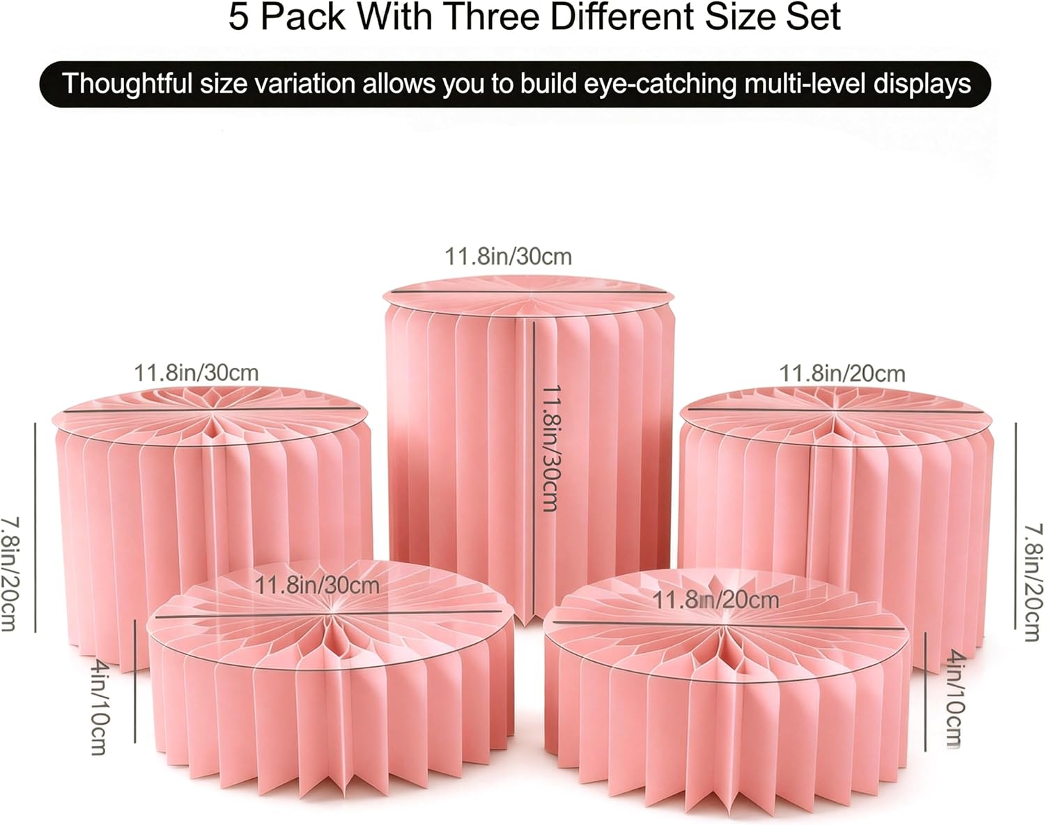 5 pcs buffet risers food display risers for party buffet table, dessert table display set cake and cupcake stand combo, riser display stand for dessert food jewelry, pink, 4"/8"/12" h,pink round*5 pink