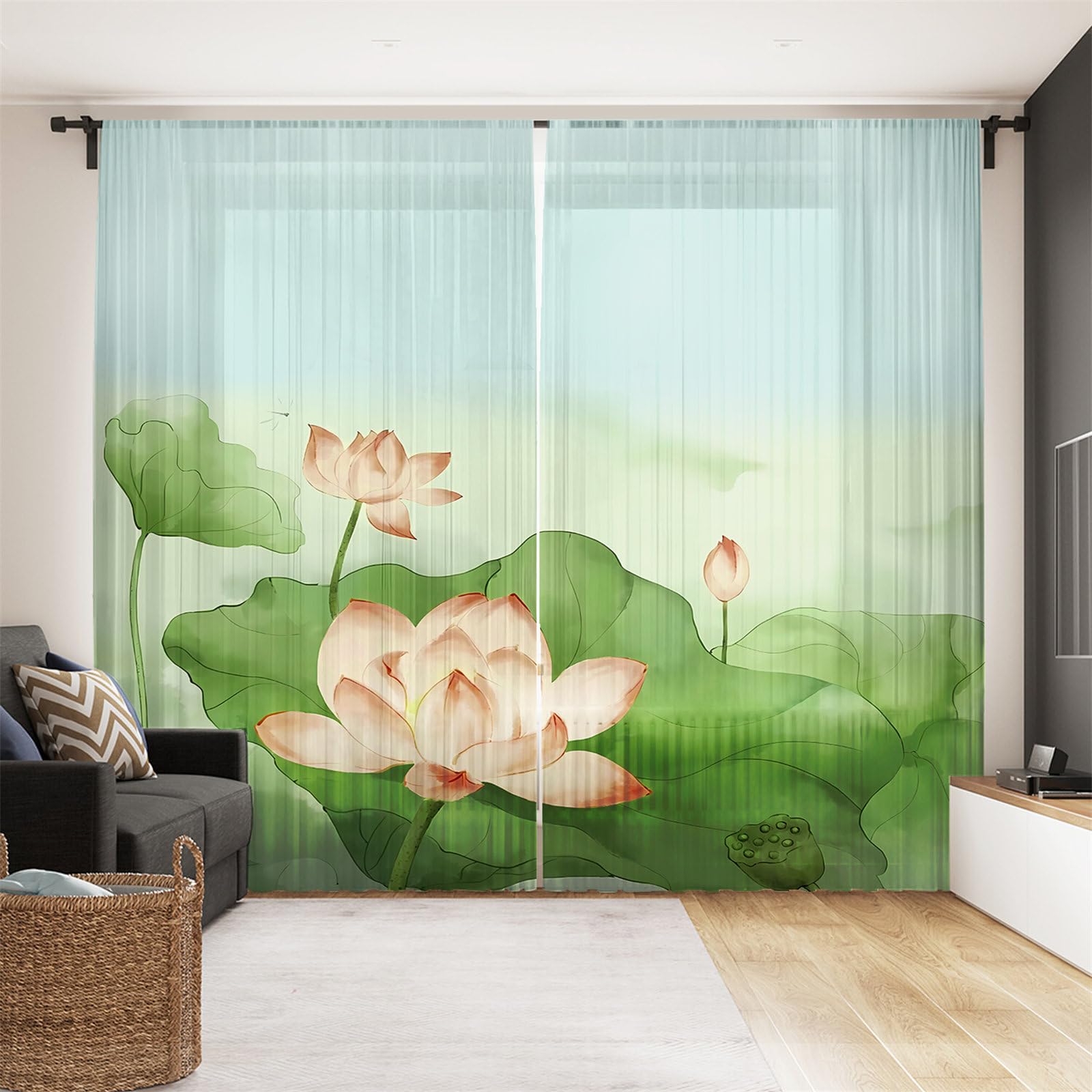 Surwin Net Curtains for Windows, Voile Curtain, 2 Panels Chinese Style with Eyelets, Semi Transparent Lightweight Voile Panel for Living Room Bedroom Balcony Decorative (Lotus 1,W132xH213cm)
