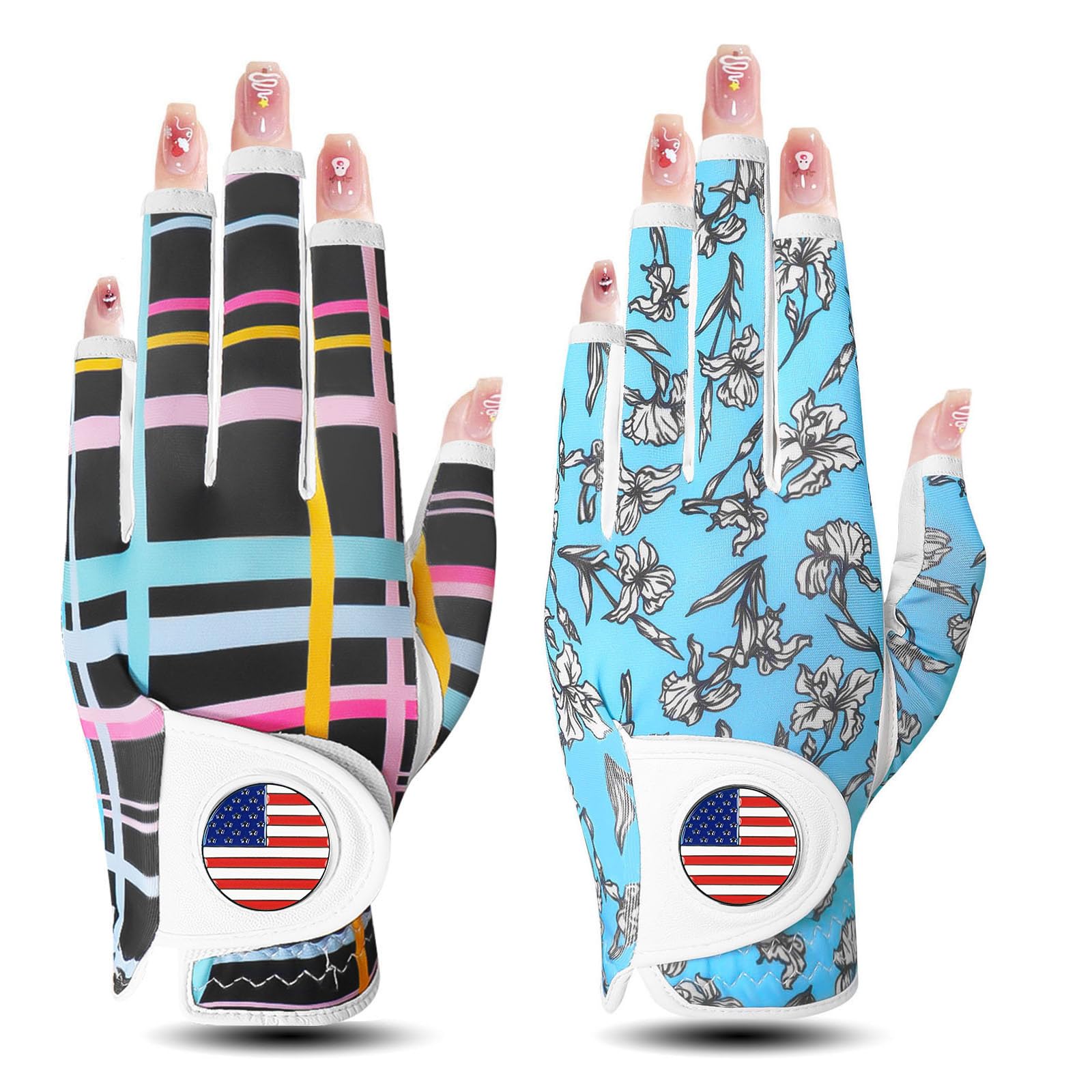 VEASAERS Golf Gloves Women Right Handed Golfer Left Hand with Ball Marker 3 Pack, Ladies Breathable Soft All Weather Grip Printed Pattern Colored