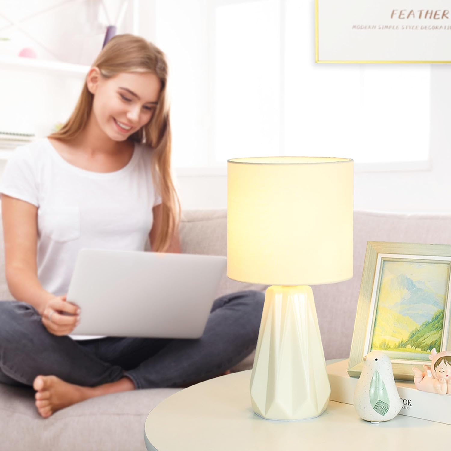 Lampwell Elisa Cream Small Table Lamp for Living Room as Bedside Table Lamp for Bedroom,Modern Ceramic Kids Night Table Lamp,Φ6.1×H12.4IN,Bulb Excluded